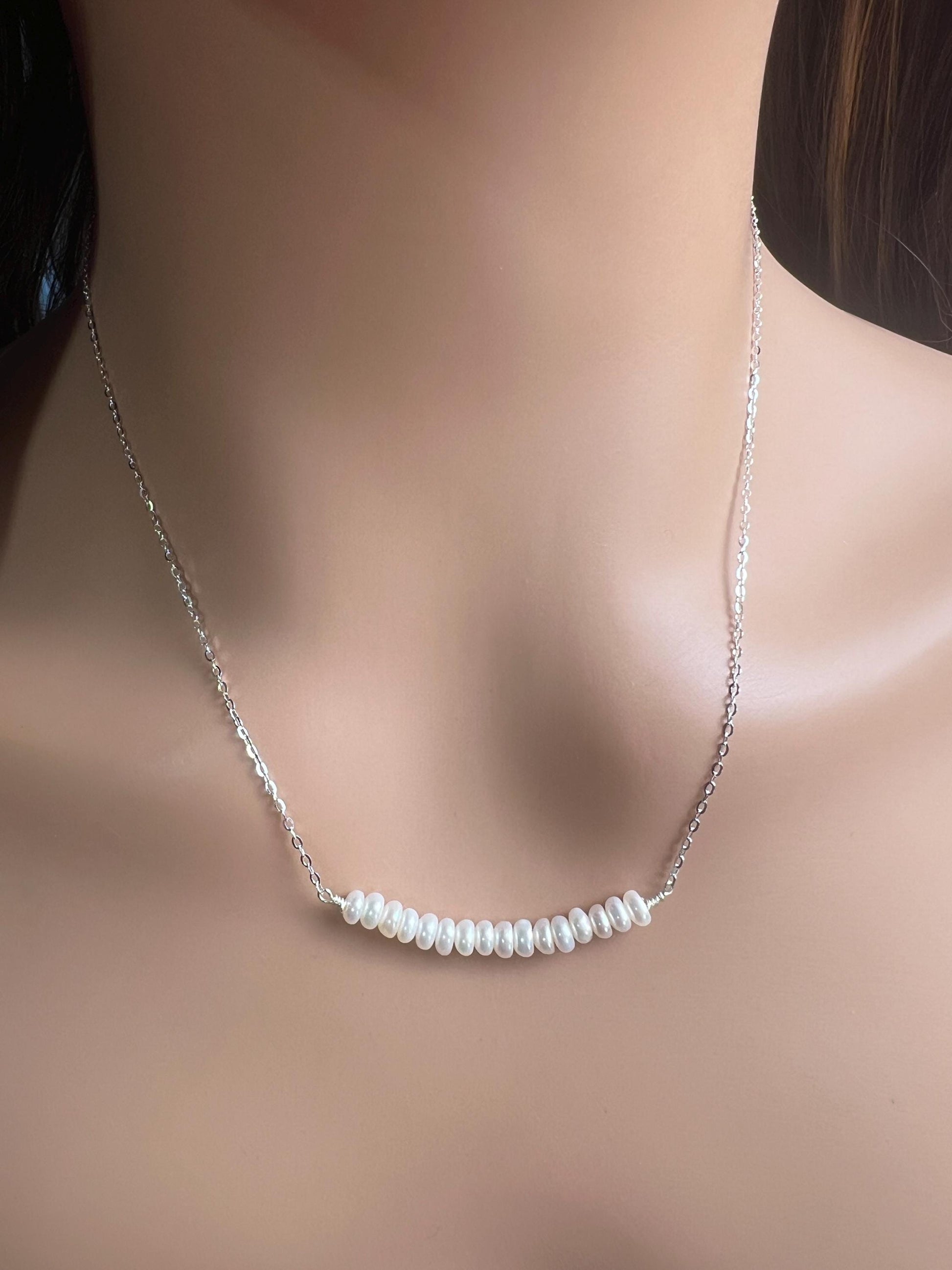 Natural Freshwater pearl 5mm Roundel bar necklace 925 sterling silver Chakra, June Birthstone