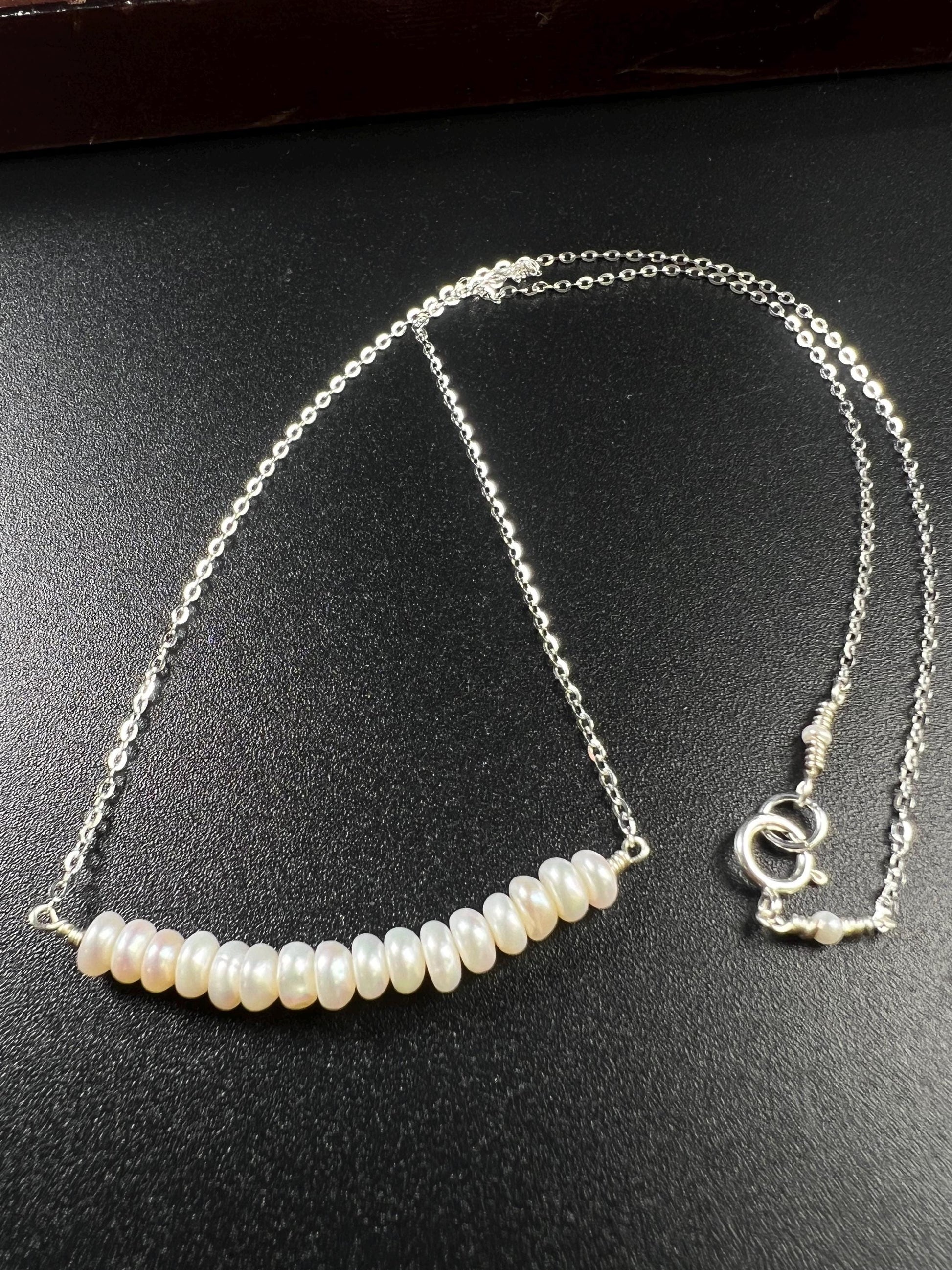 Natural Freshwater pearl 5mm Roundel bar necklace 925 sterling silver Chakra, June Birthstone