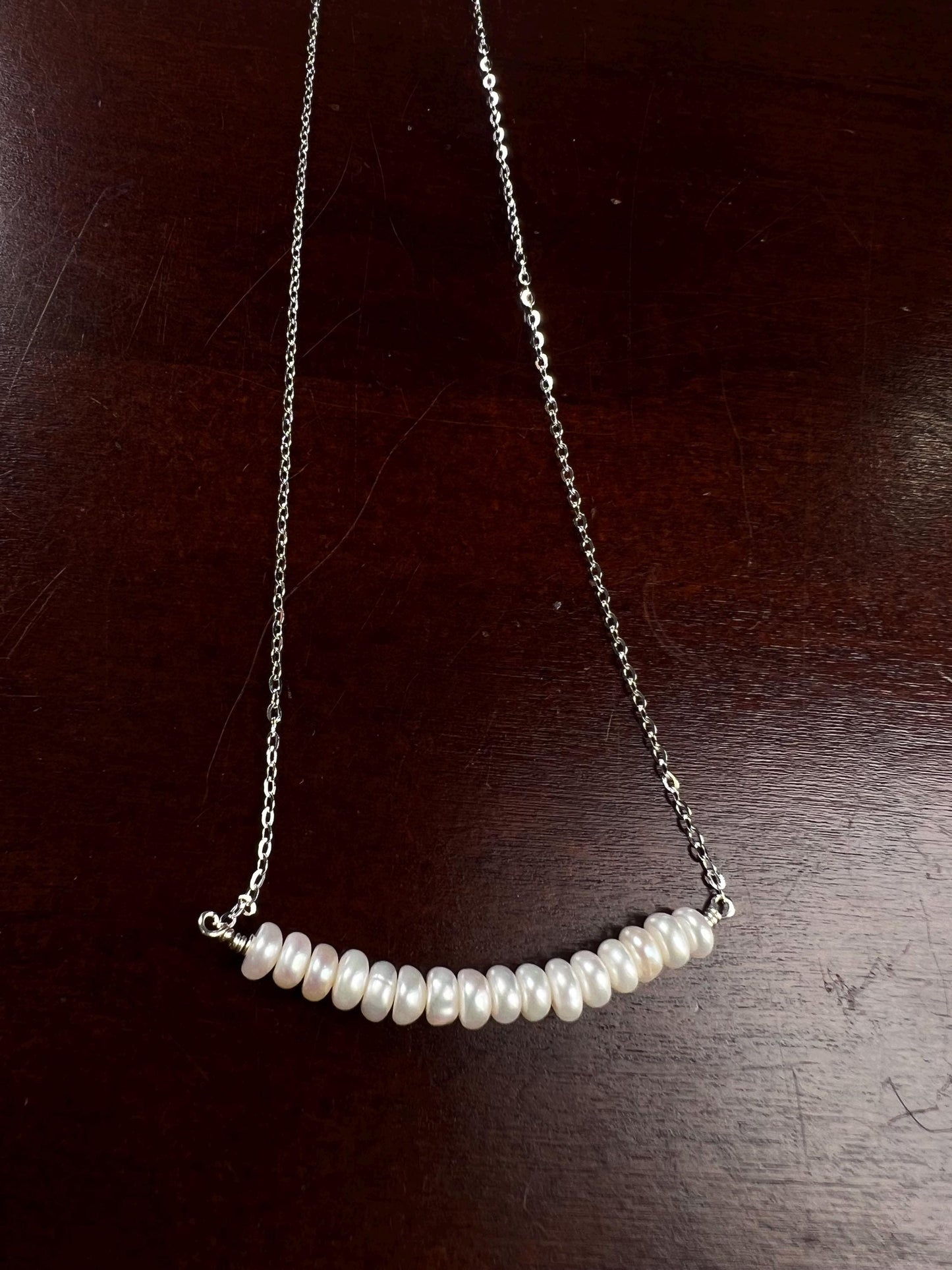 Natural Freshwater pearl 5mm Roundel bar necklace 925 sterling silver Chakra, June Birthstone