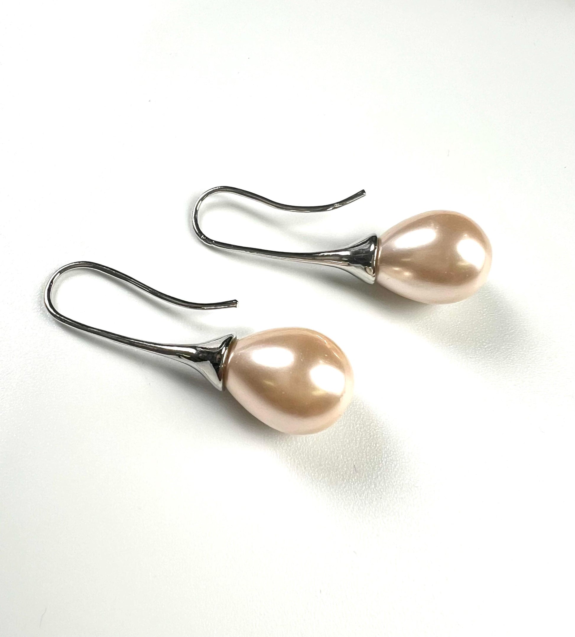 Light peachy pink pearl drop Earrings. South Seashell Pearl high luster 12x26mm pearl Rhodium earrings wedding Bridal, Gift for Her