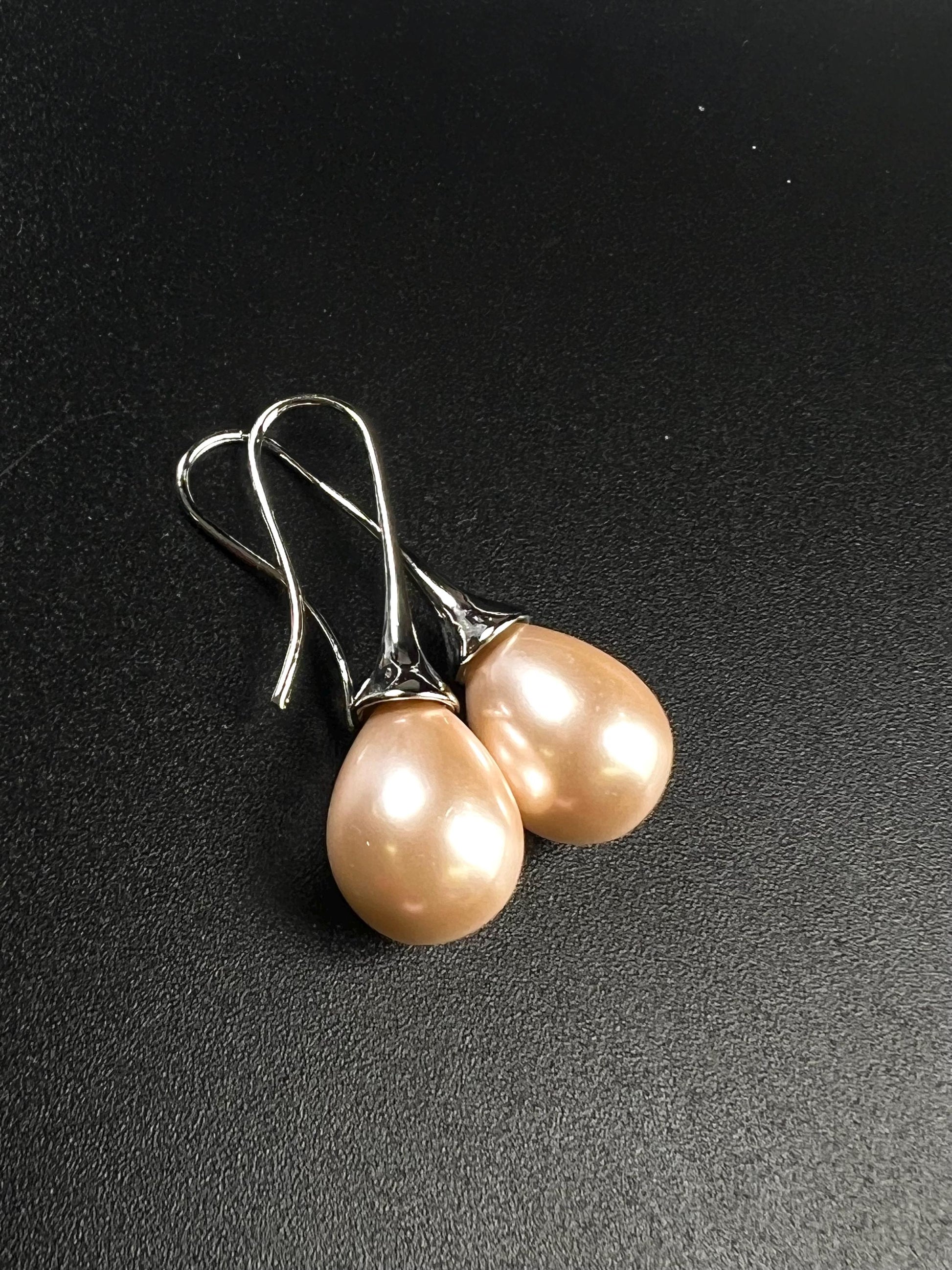 Light peachy pink pearl drop Earrings. South Seashell Pearl high luster 12x26mm pearl Rhodium earrings wedding Bridal, Gift for Her