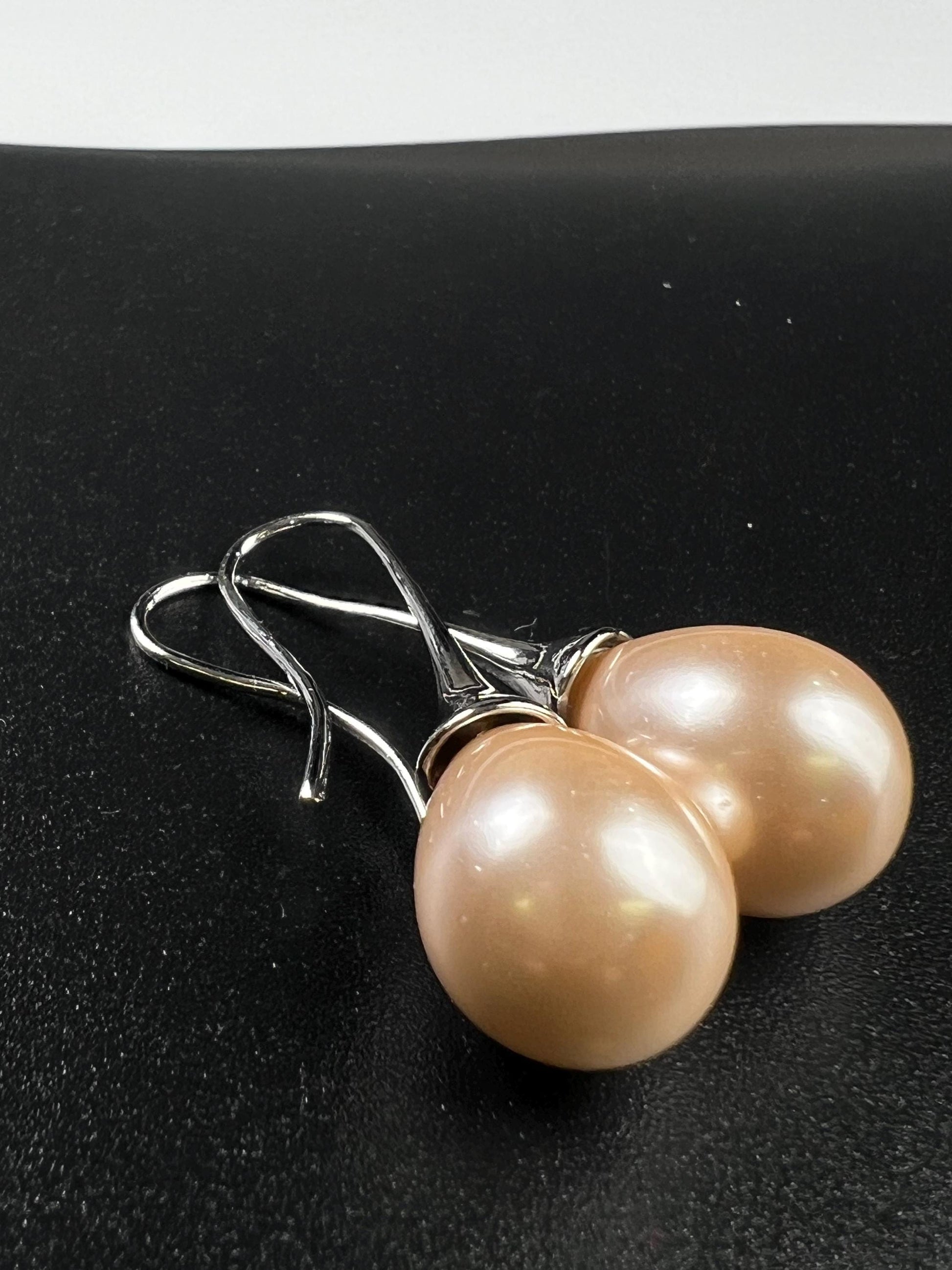 Light peachy pink pearl drop Earrings. South Seashell Pearl high luster 12x26mm pearl Rhodium earrings wedding Bridal, Gift for Her