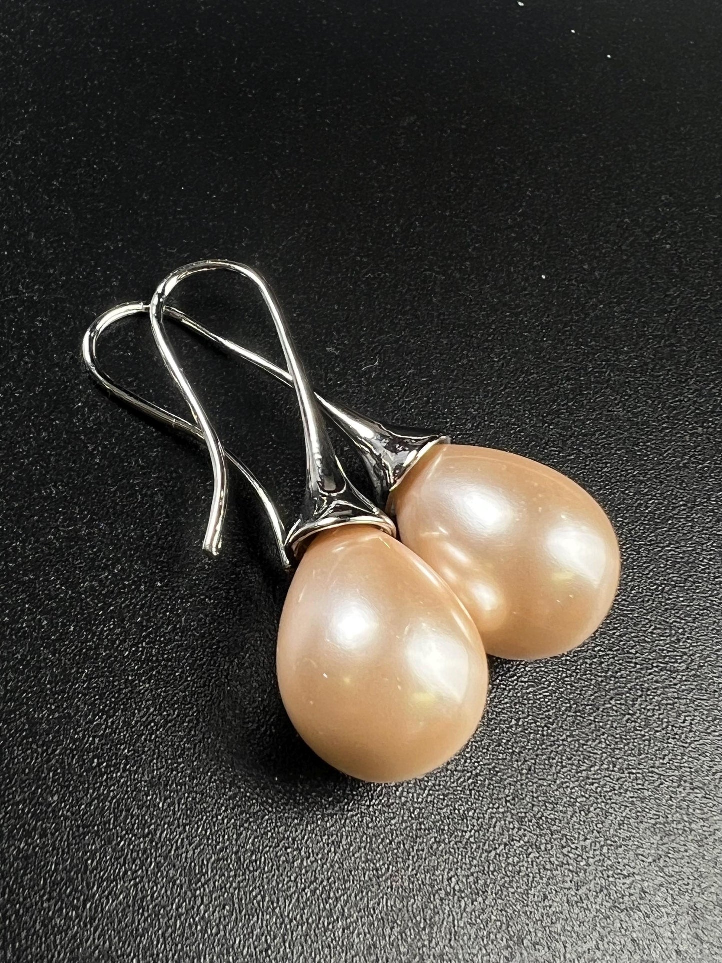 Light peachy pink pearl drop Earrings. South Seashell Pearl high luster 12x26mm pearl Rhodium earrings wedding Bridal, Gift for Her