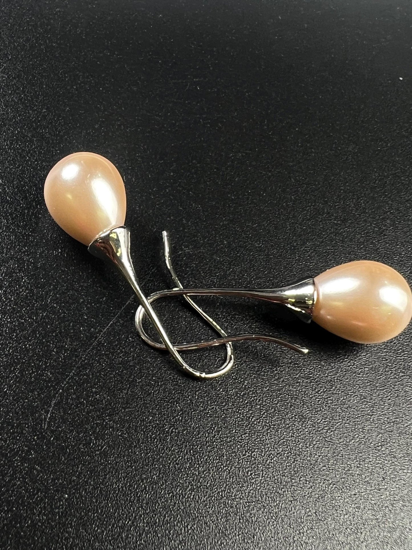 Light peachy pink pearl drop Earrings. South Seashell Pearl high luster 12x26mm pearl Rhodium earrings wedding Bridal, Gift for Her