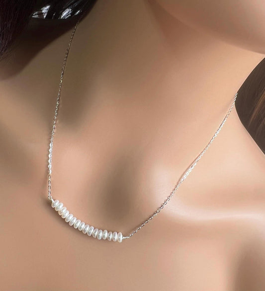 Natural Freshwater pearl 5mm Roundel bar necklace 925 sterling silver Chakra, June Birthstone