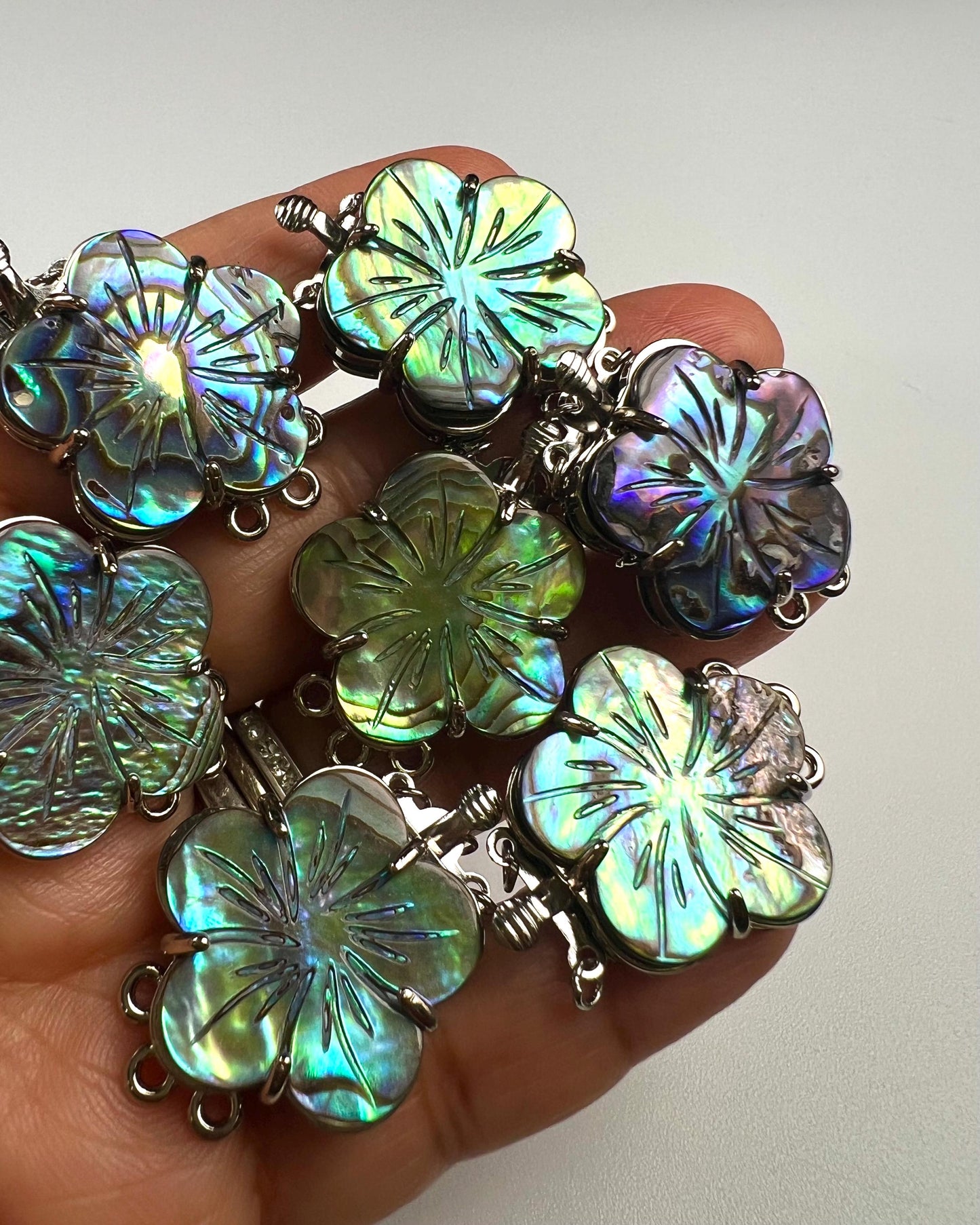 Natural Abalone Pua Shell 3 Loop Fancy Flower Clasp, blue green flash Jewelry Making Rhodium 3 line Necklace Bracelet clasp.