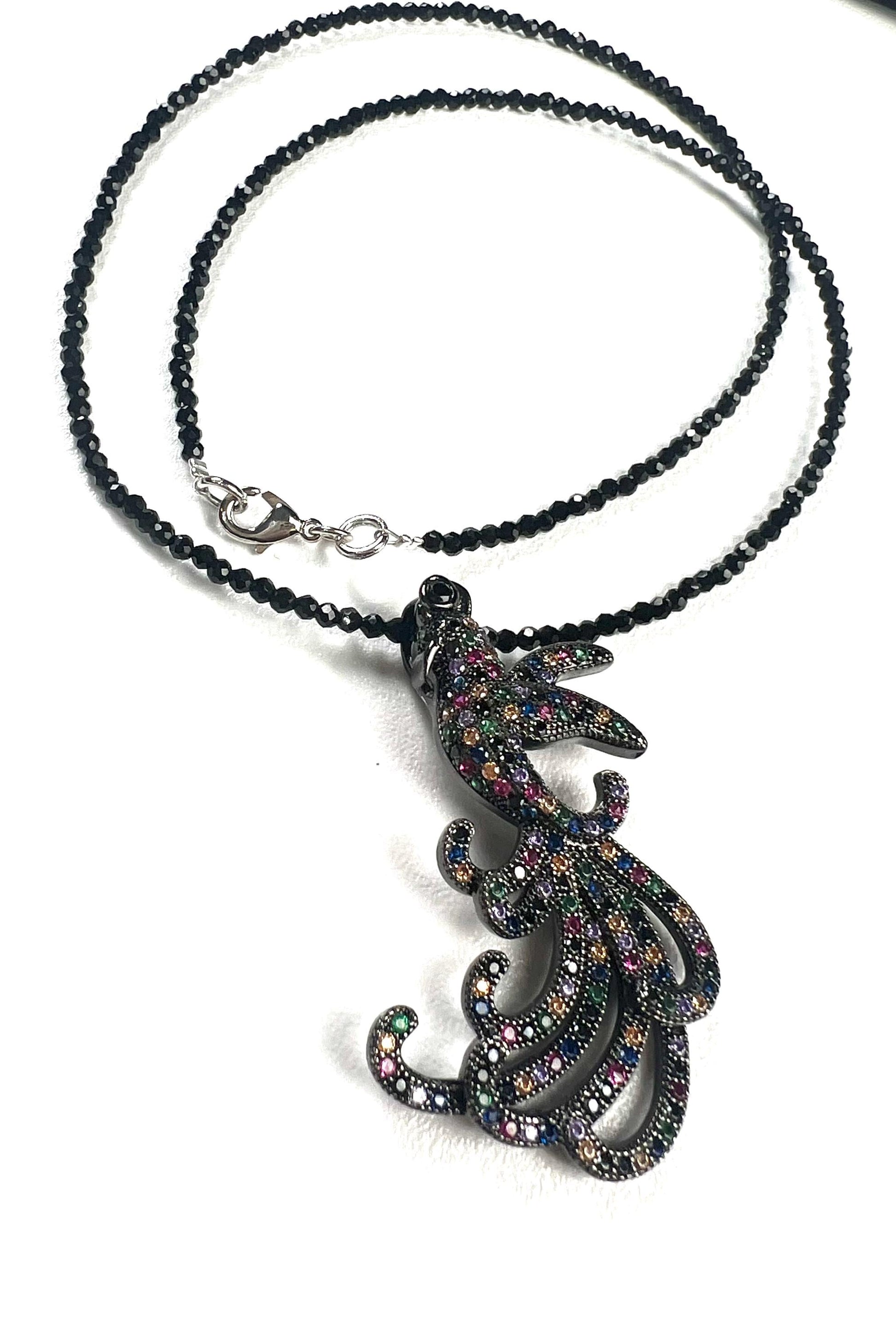 Peacock pendant ruby sapphire emerald setting 2mm black Spinel beaded necklace vintage style beautiful gift