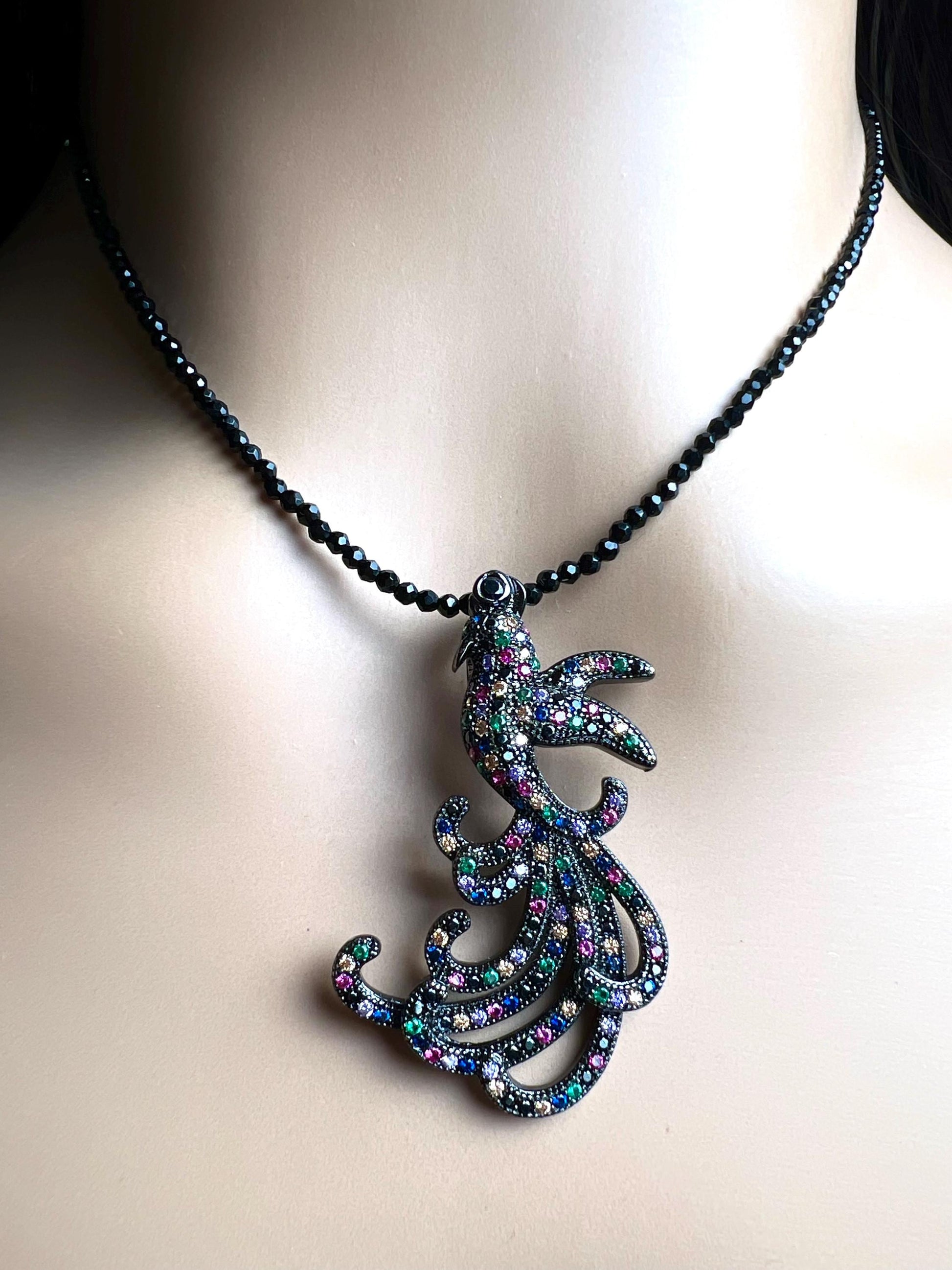 Peacock pendant ruby sapphire emerald setting 2mm black Spinel beaded necklace vintage style beautiful gift