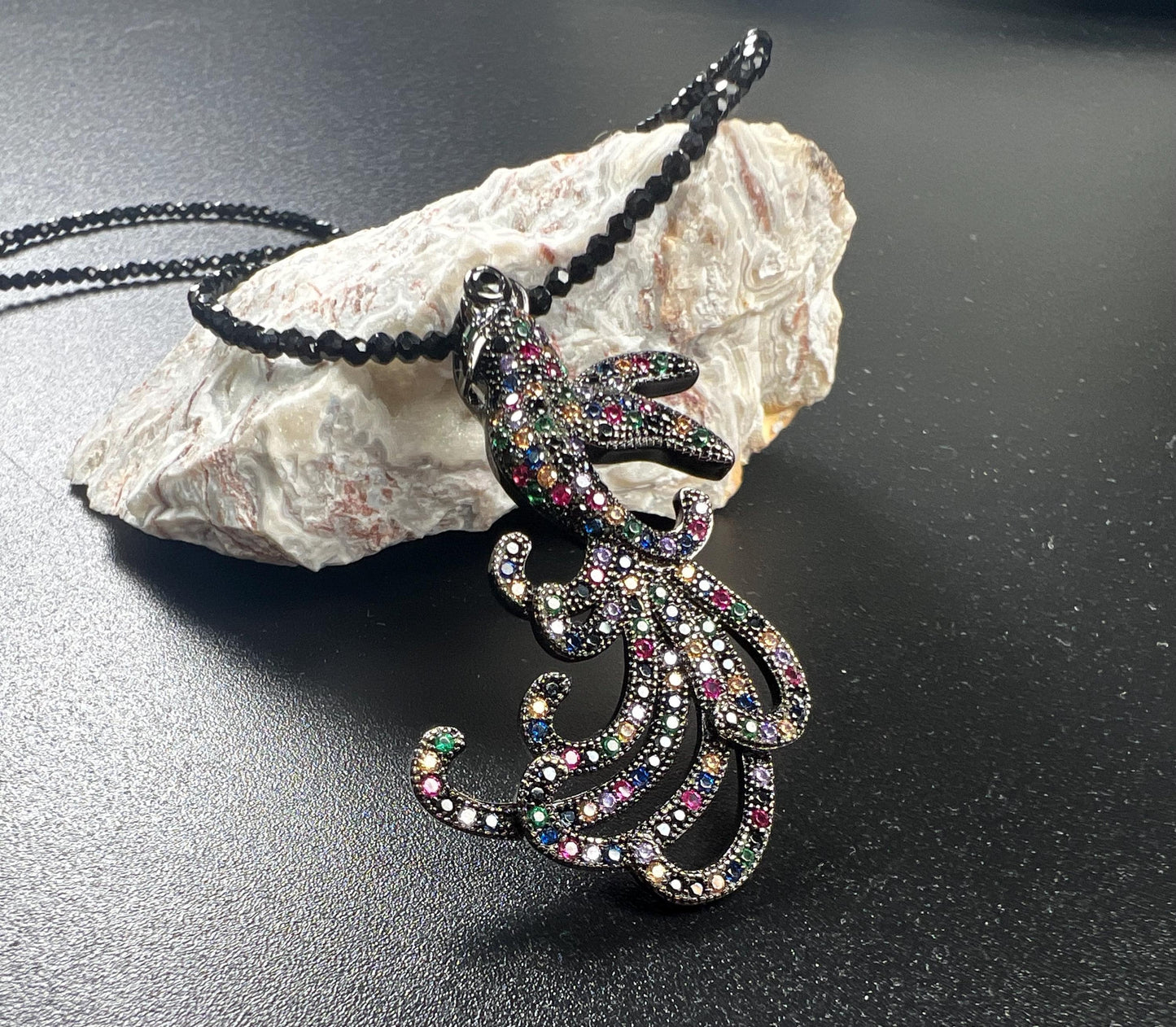 Peacock pendant ruby sapphire emerald setting with 2mm black Spinel beaded necklace vintage style beautiful gift