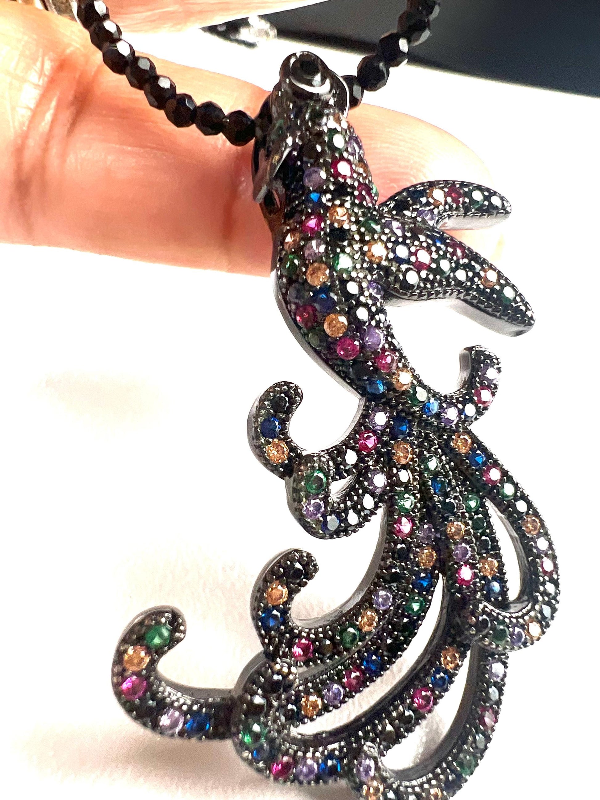 Peacock pendant ruby sapphire emerald setting with 2mm black Spinel beaded necklace vintage style beautiful gift