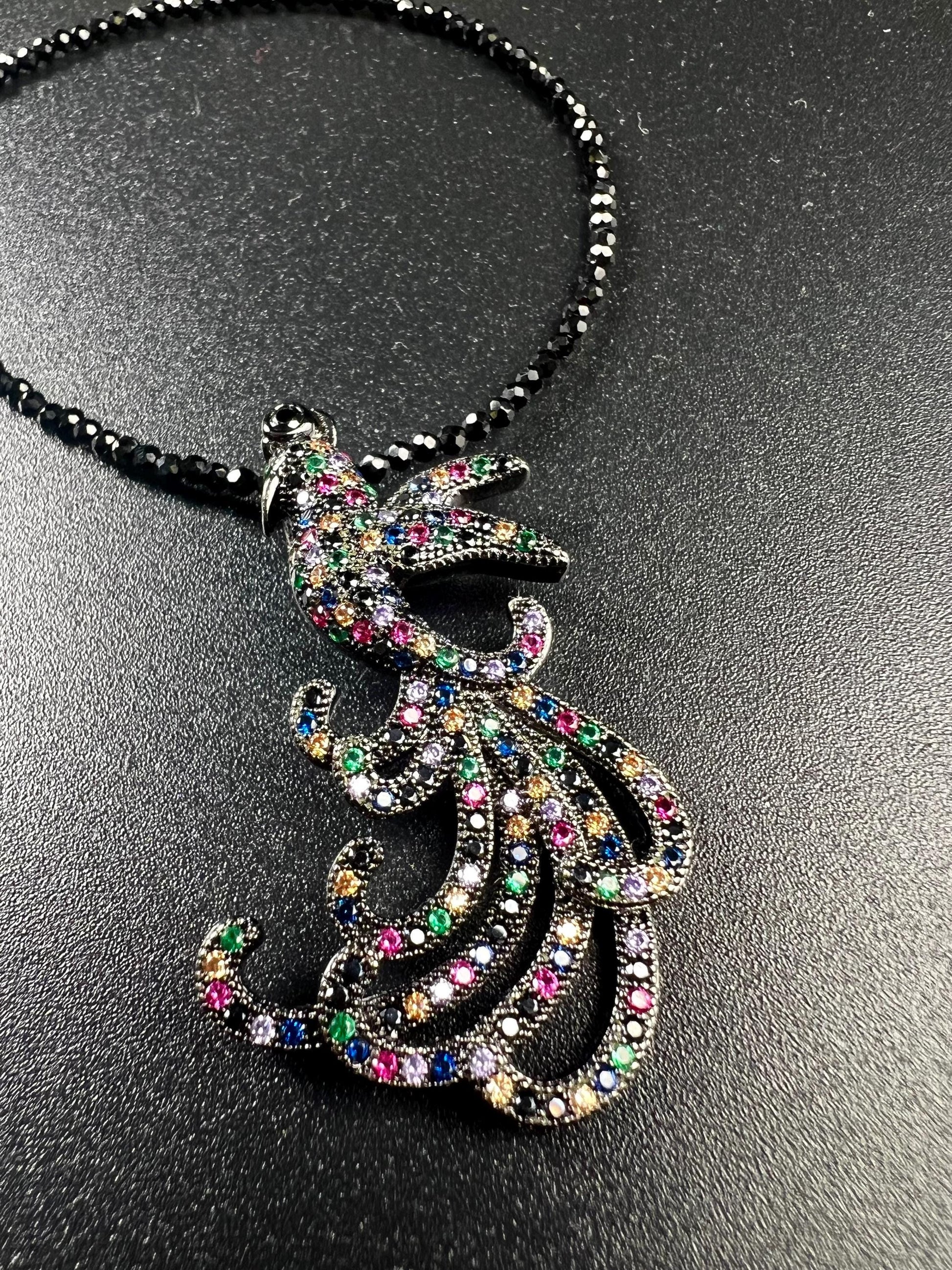 Peacock pendant ruby sapphire emerald setting with 2mm black Spinel beaded necklace vintage style beautiful gift