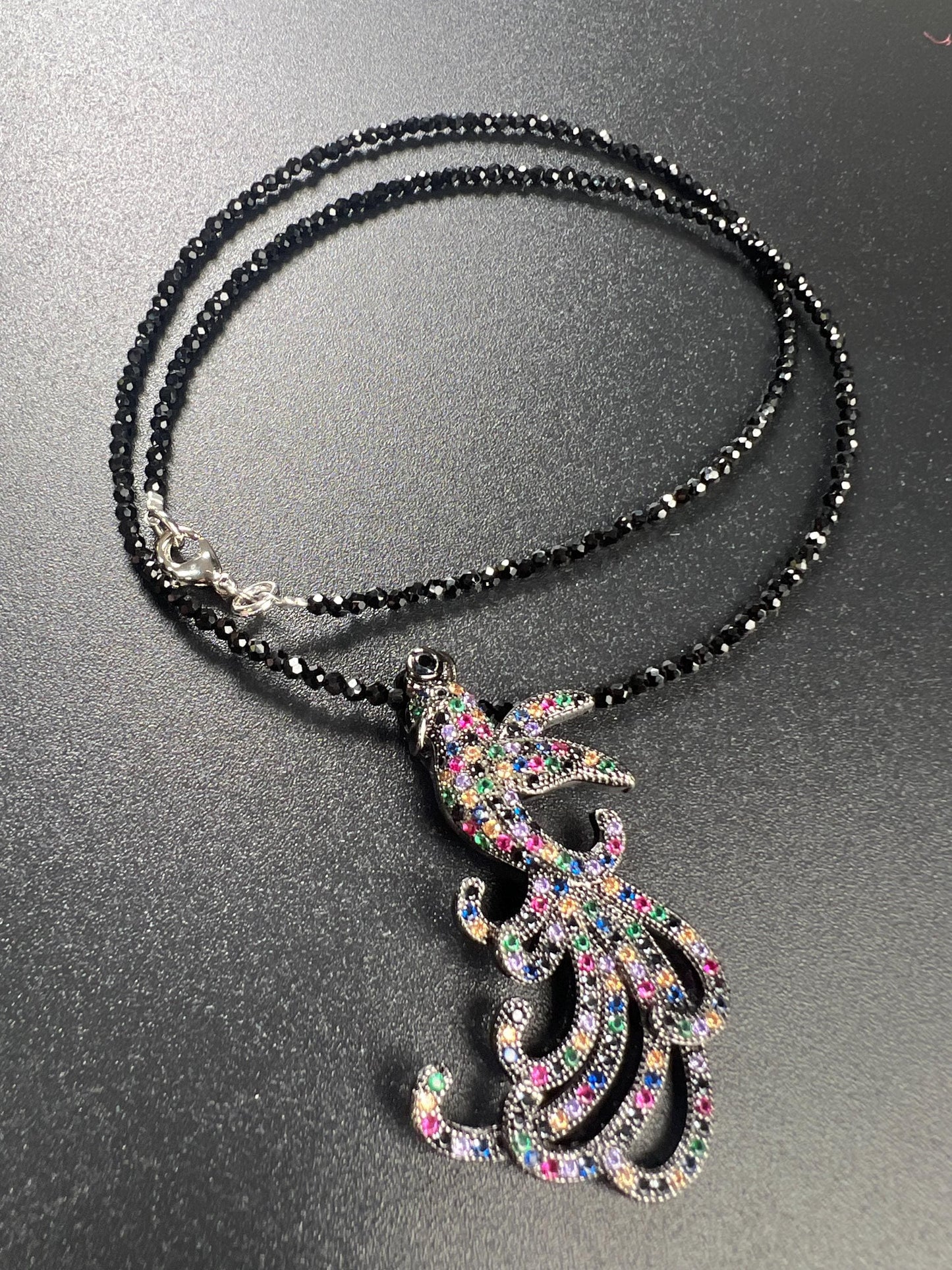 Peacock pendant ruby sapphire emerald setting 2mm black Spinel beaded necklace vintage style beautiful gift