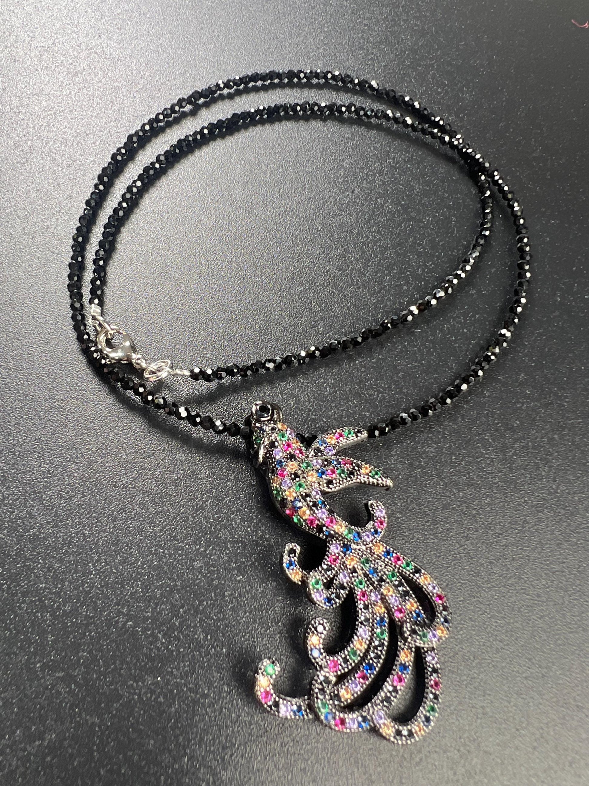 Peacock pendant ruby sapphire emerald setting 2mm black Spinel beaded necklace vintage style beautiful gift