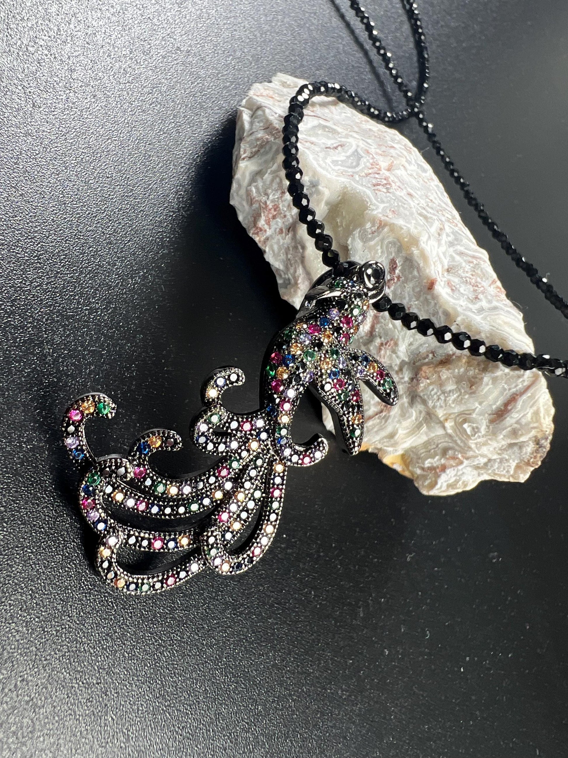 Peacock pendant ruby sapphire emerald setting 2mm black Spinel beaded necklace vintage style beautiful gift