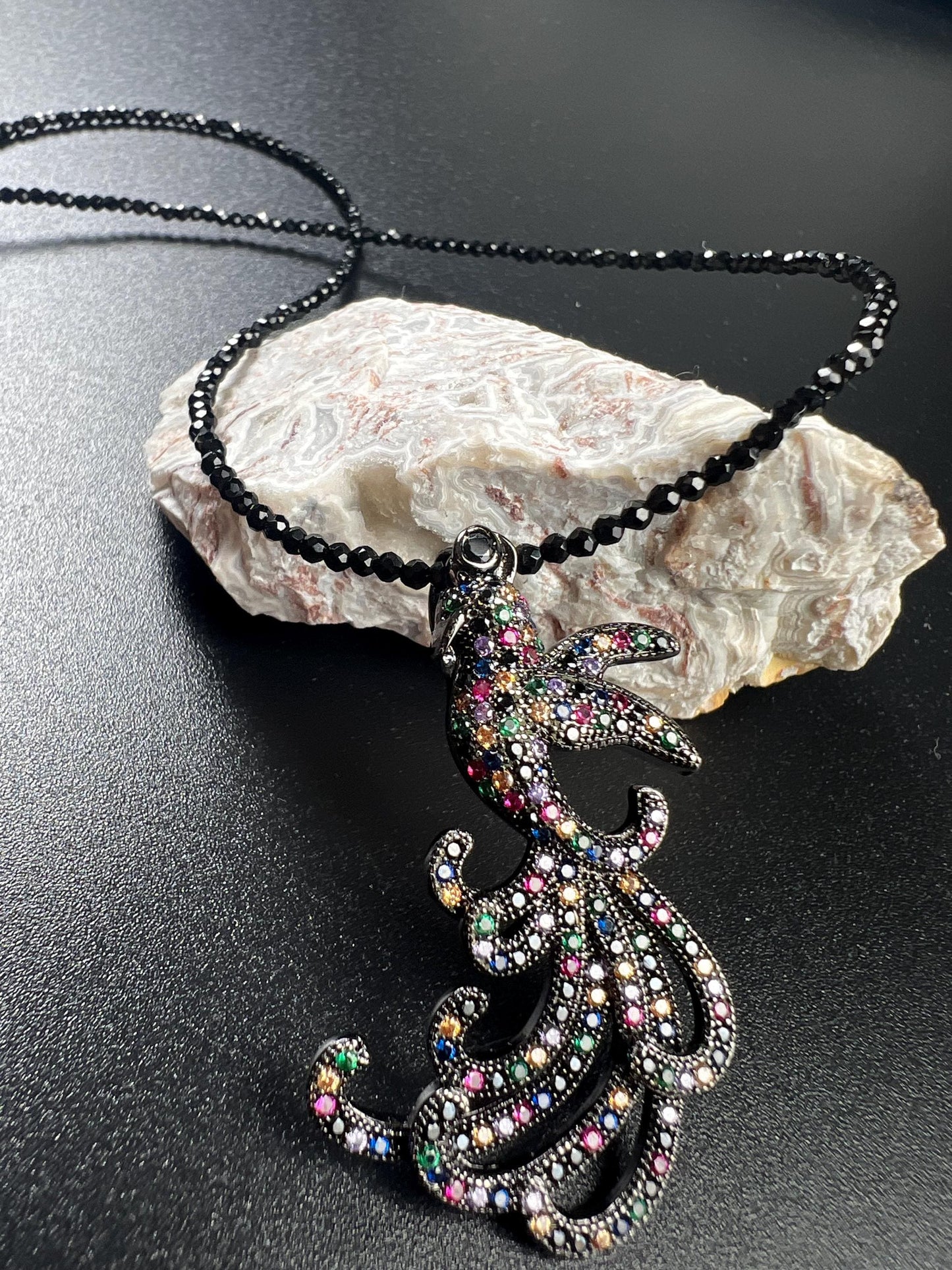 Peacock pendant ruby sapphire emerald setting 2mm black Spinel beaded necklace vintage style beautiful gift