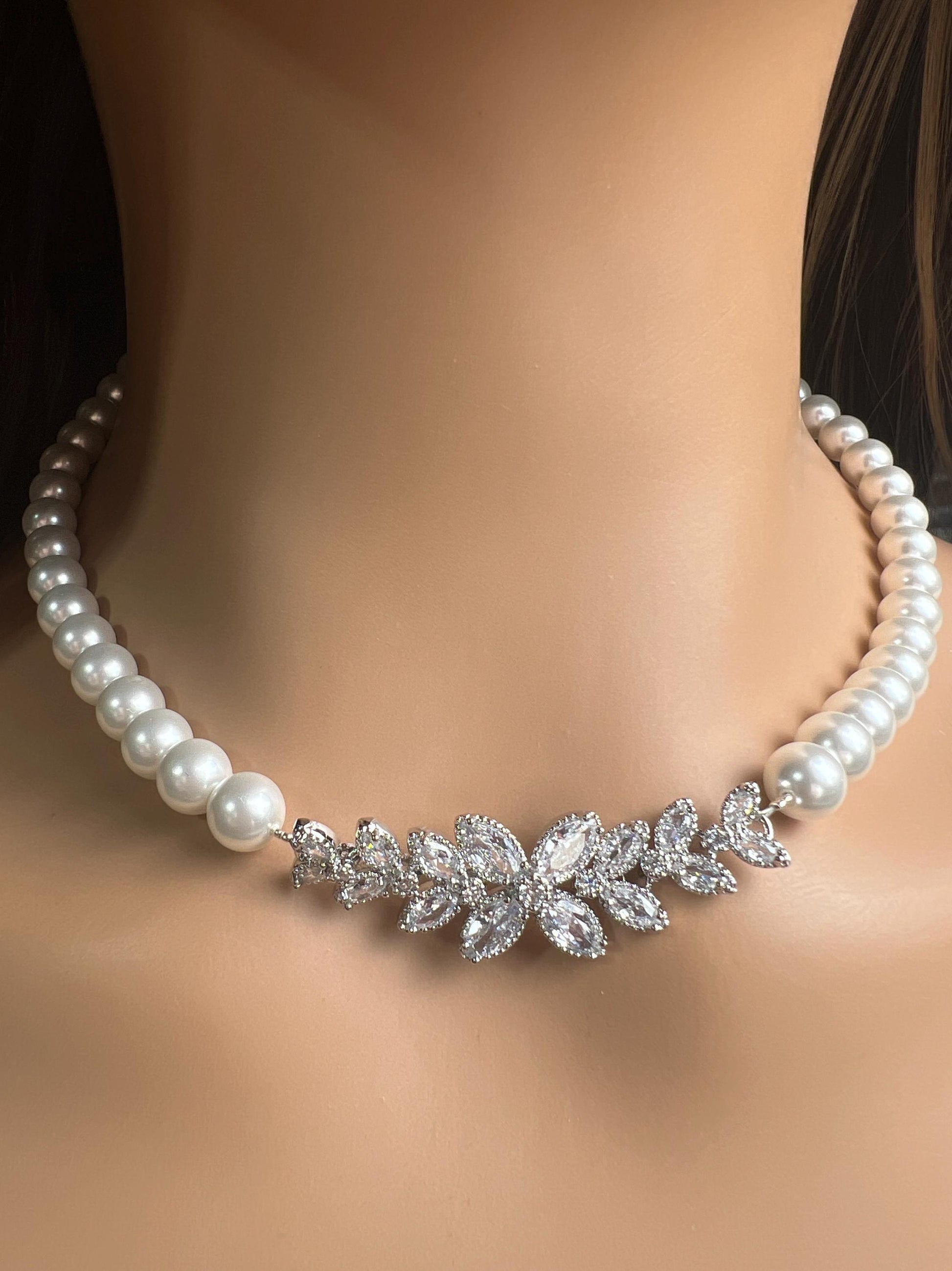 South SeaShell White Pearl white with Fancy CZ Diamond Focal pendant Bridal, Handmade Necklace wedding jewelry gift