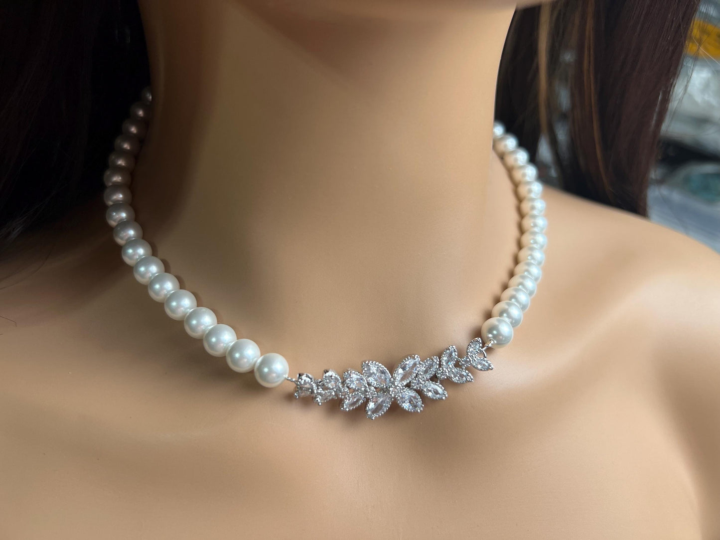 South SeaShell White Pearl white with Fancy CZ Diamond Focal pendant Bridal, Handmade Necklace wedding jewelry gift