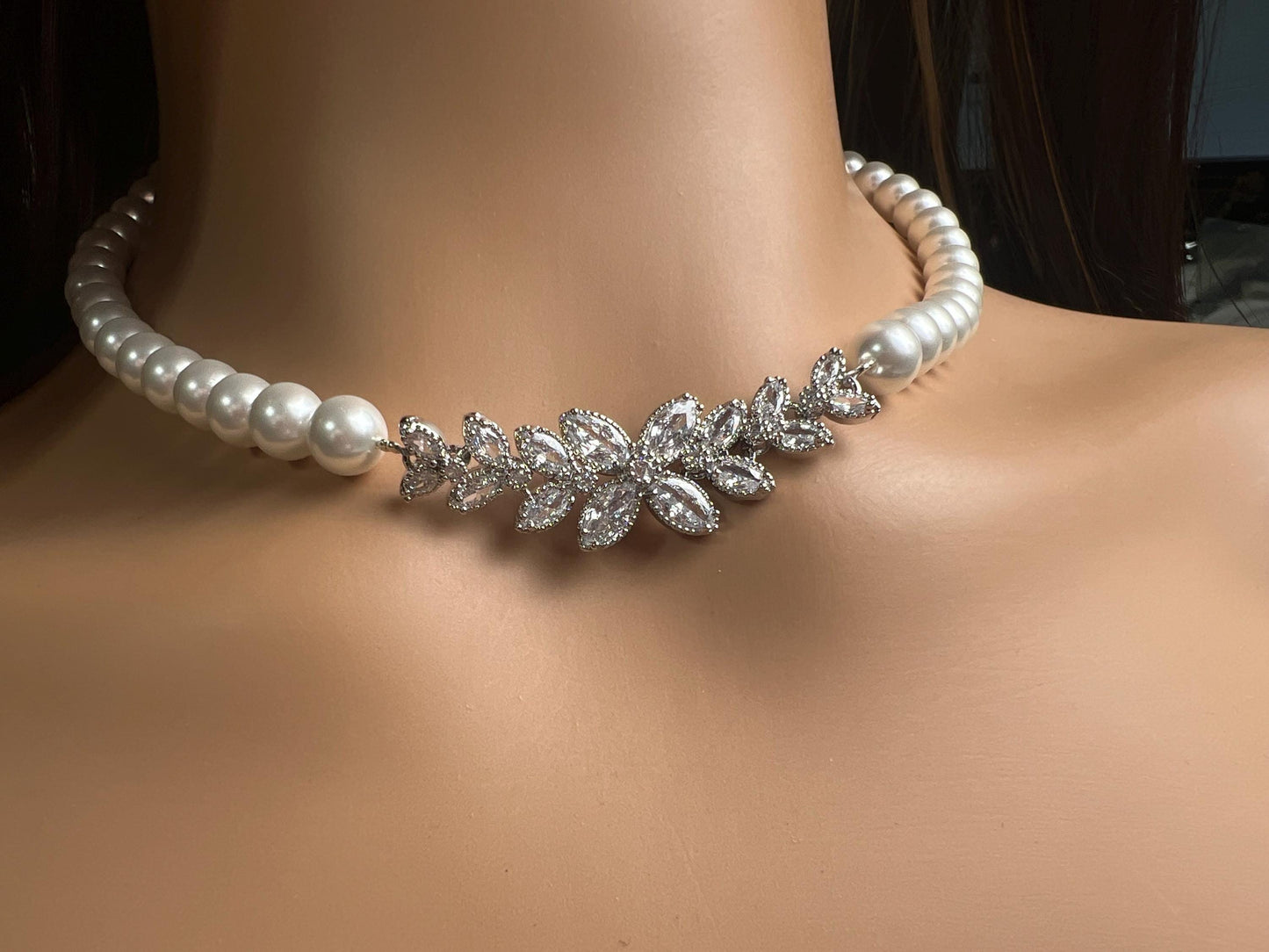 South SeaShell White 8mm Pearl with CZ Diamond Fancy Floral Focal Necklace Bridal, wedding elegant Handmade jewelry for Her