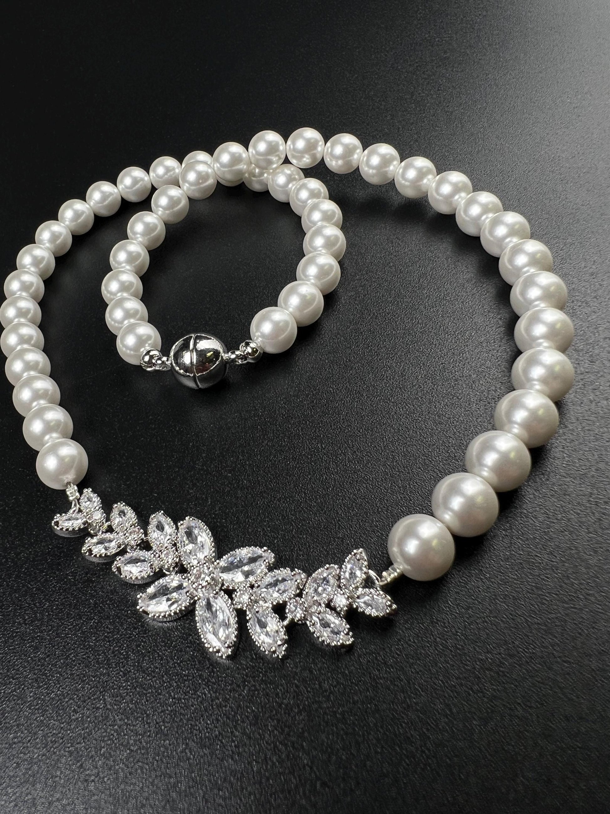 South SeaShell White 8mm Pearl with CZ Diamond Fancy Floral Focal Necklace Bridal, wedding elegant Handmade jewelry for Her