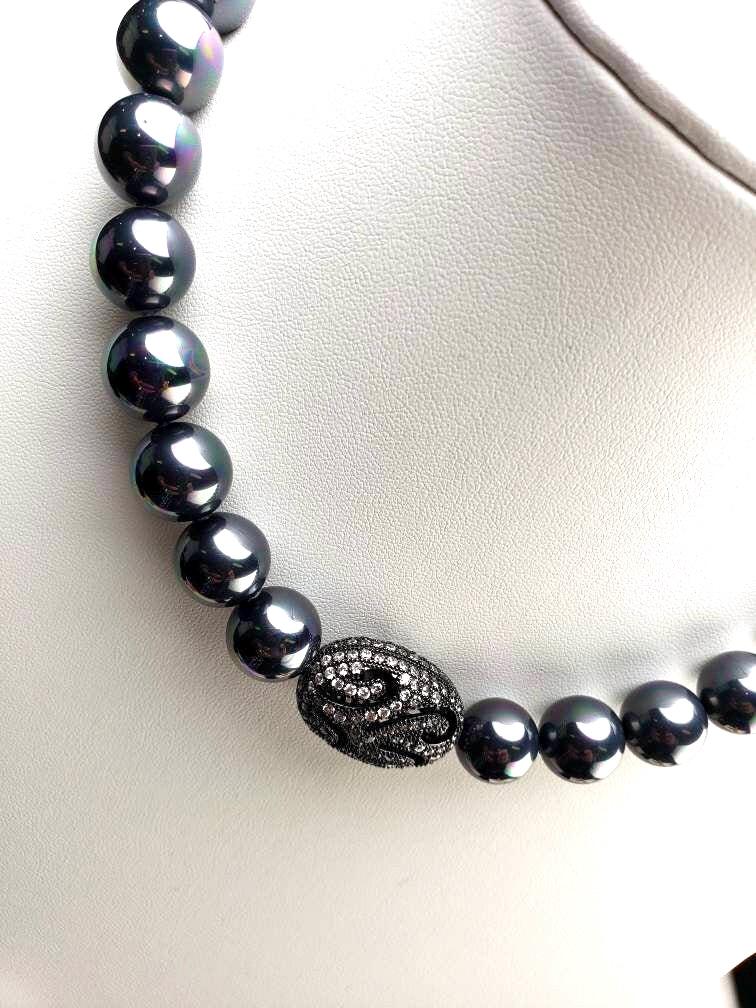 14mm South Sea shell pearl large Rainbow Peacock black AB with CZ diamond 20x27mm large pave charm ,magnetic clasp Statement necklace, Gift