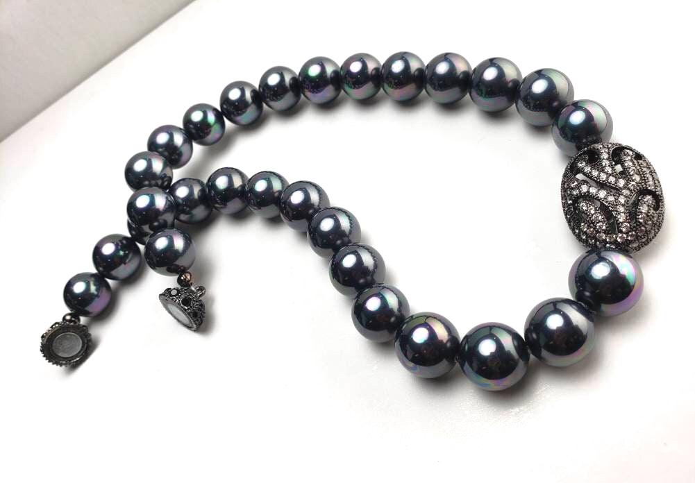 14mm South Sea shell pearl large Rainbow Peacock black AB with CZ diamond 20x27mm large pave charm ,magnetic clasp Statement necklace, Gift