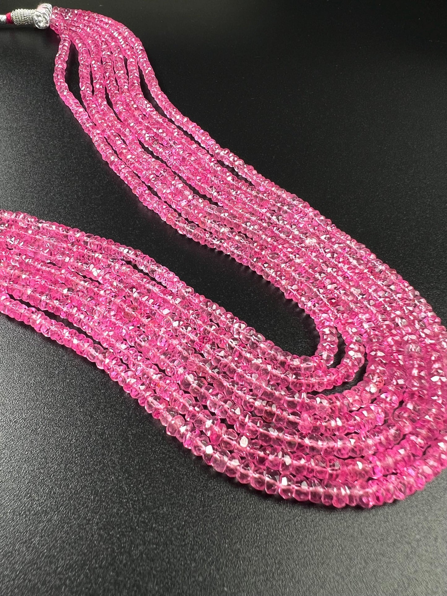 Genuine Pink Topaz 7 layers Faceted Rondelle Gemstone Necklace.AAA clear quality sweet deep pink magenta 20” plus adjustable thread 759 cts