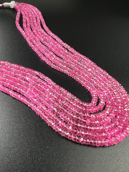 Genuine Pink Topaz 7 layers Faceted Rondelle Gemstone Necklace.AAA clear quality sweet deep pink magenta 20” plus adjustable thread 759 cts