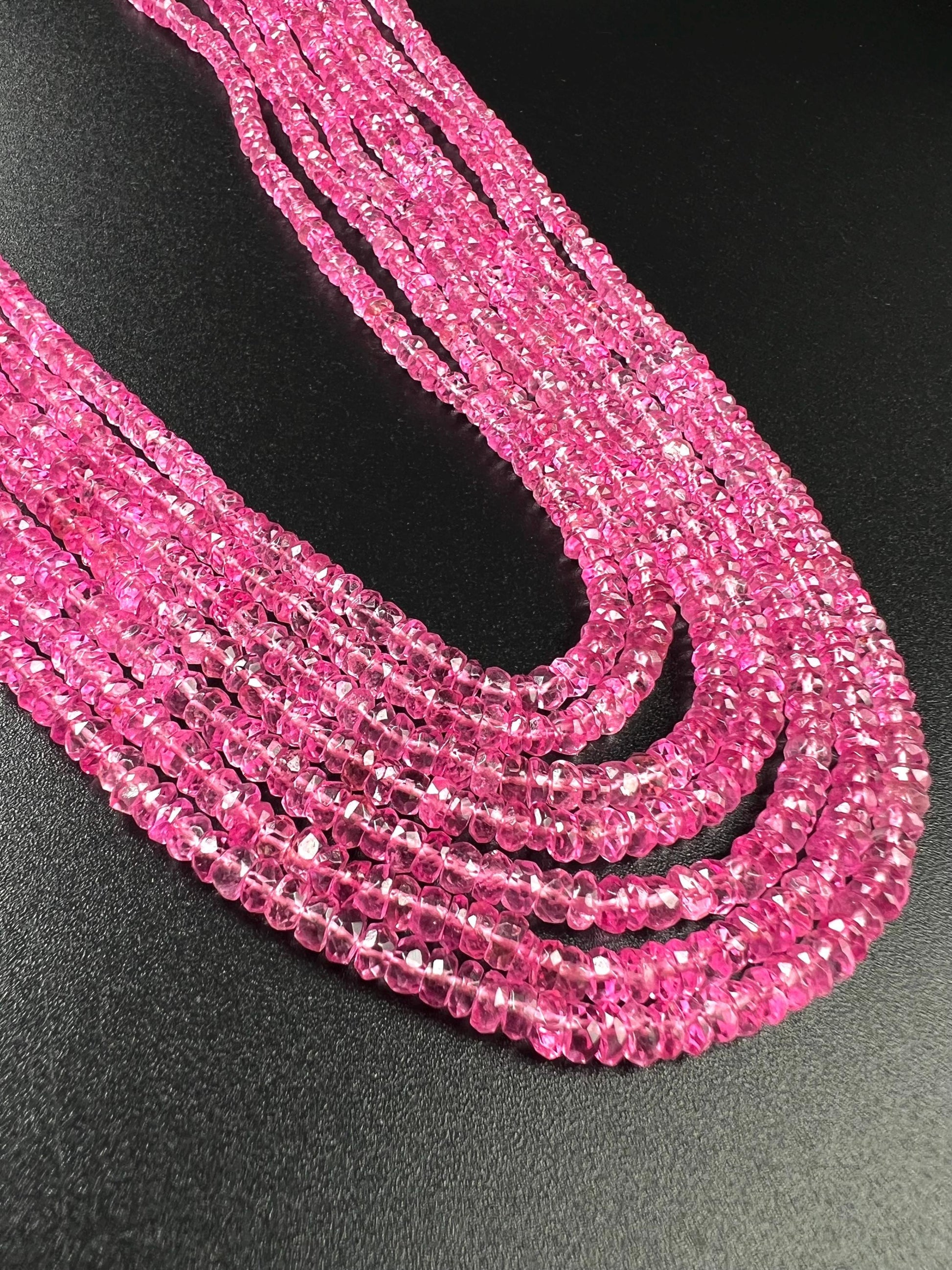 Genuine Pink Topaz 7 layers Faceted Rondelle Gemstone Necklace.AAA clear quality sweet deep pink magenta 20” plus adjustable thread 759 cts