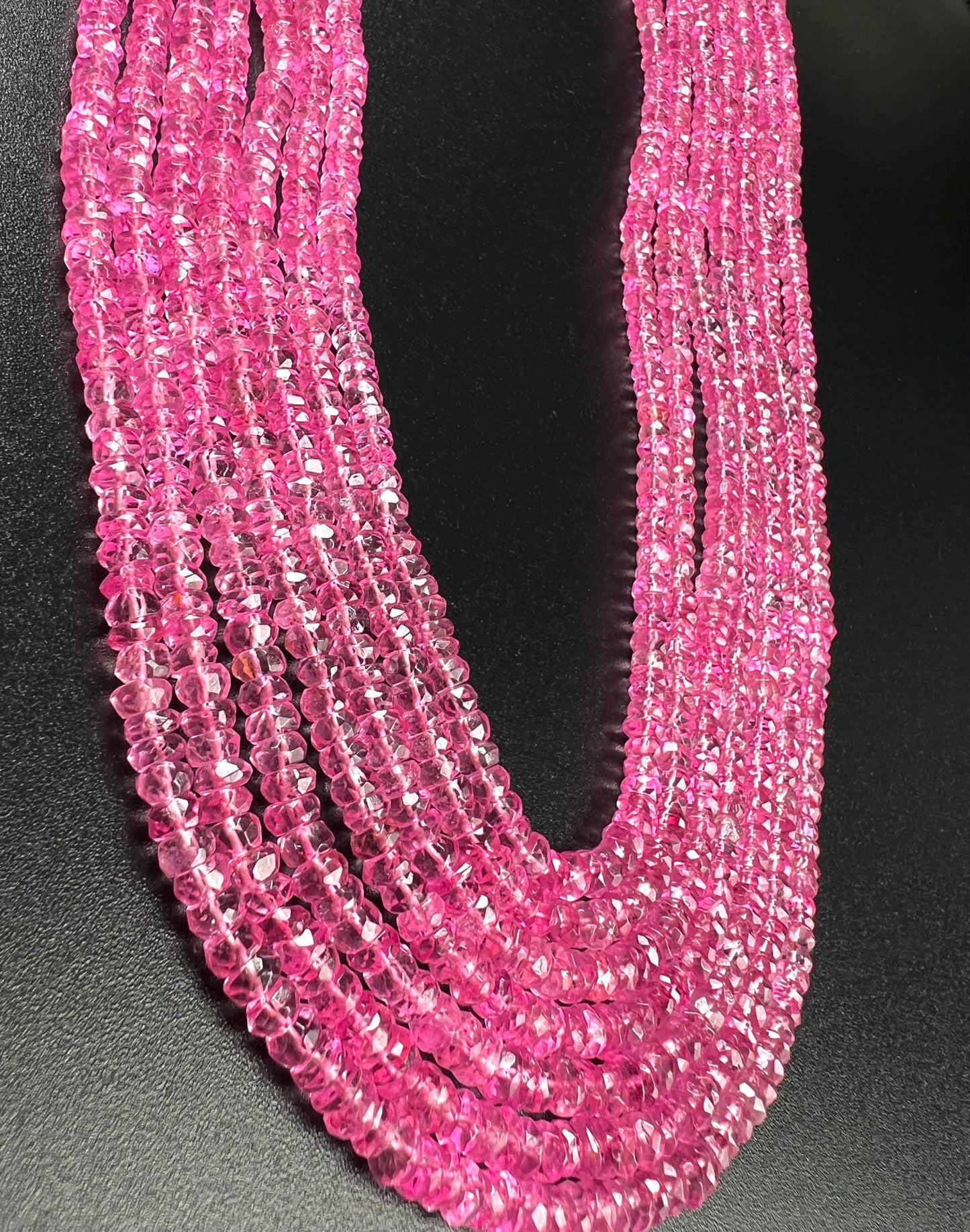 Genuine Pink Topaz 7 layers Faceted Rondelle Gemstone Necklace.AAA clear quality sweet deep pink magenta 20” plus adjustable thread 759 cts