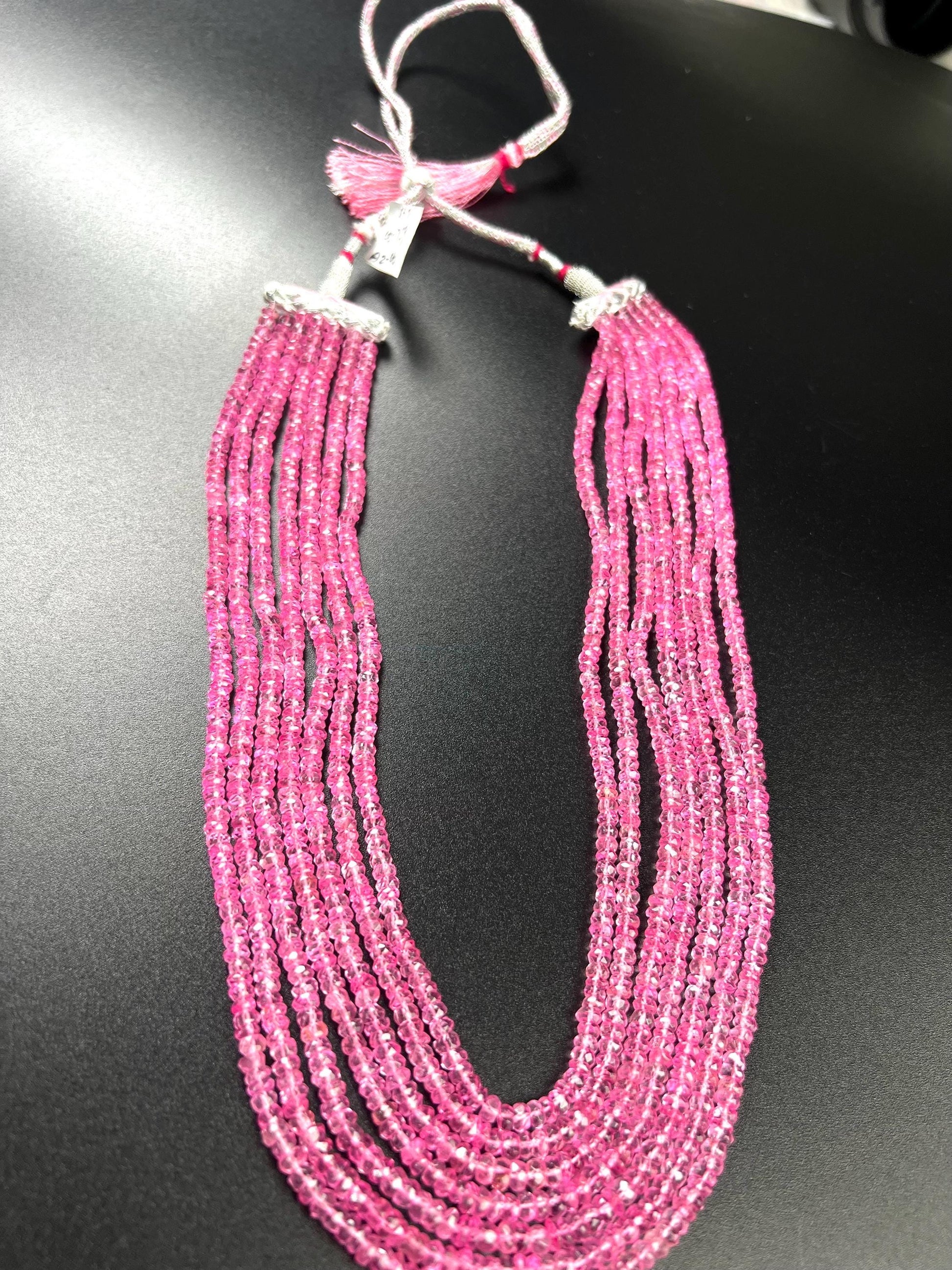 Genuine Pink Topaz 7 layers Faceted Rondelle Gemstone Necklace.AAA clear quality sweet fuchsia pink magenta 20” plus adj thread 759 cts