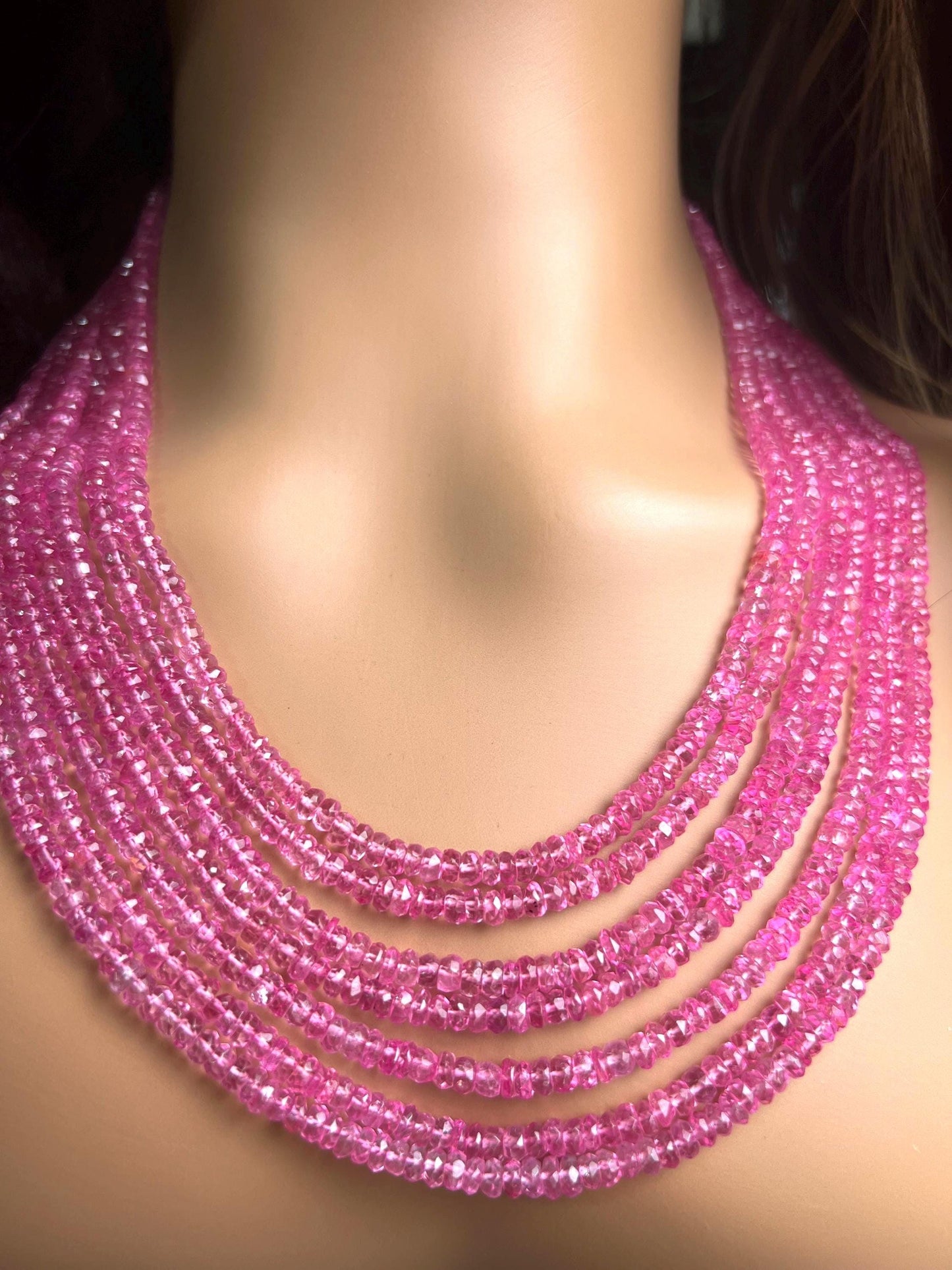 Genuine Pink Topaz 7 layers Faceted Rondelle Gemstone Necklace.AAA clear quality sweet deep pink magenta 20” plus adjustable thread 759 cts