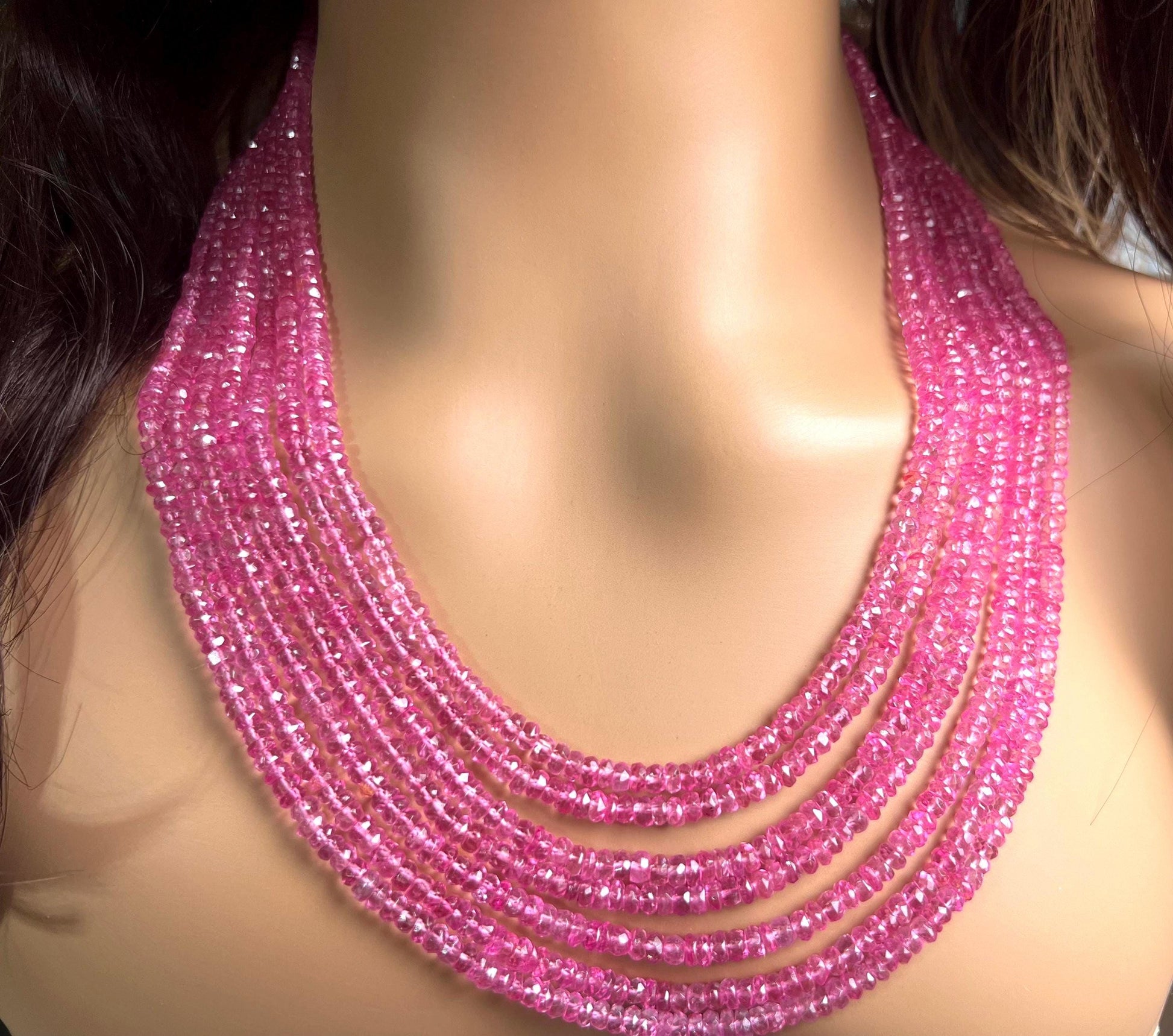 Genuine Pink Topaz 7 layers Faceted Rondelle Gemstone Necklace.AAA clear quality sweet fuchsia pink magenta 20” plus adj thread 759 cts
