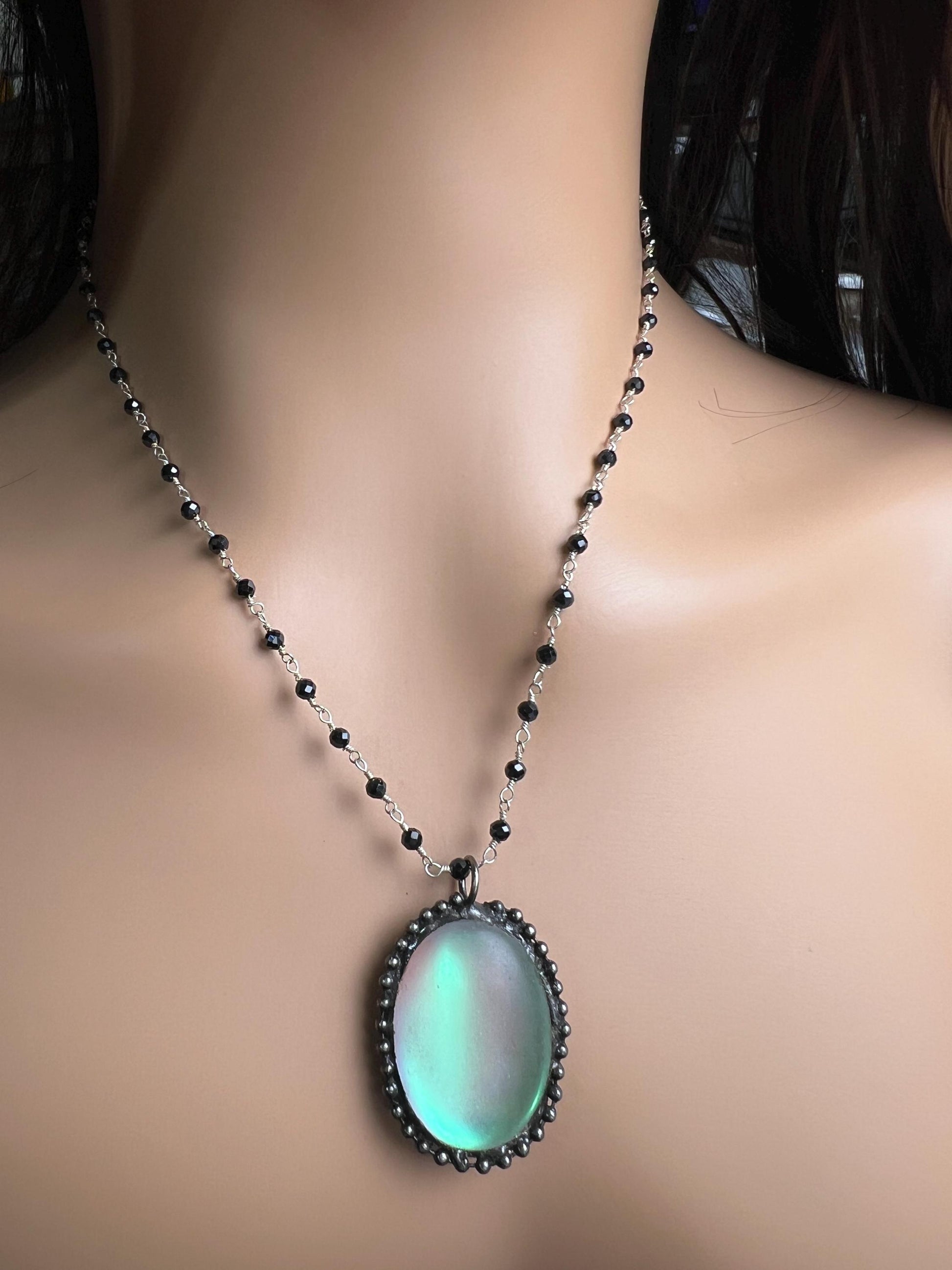 Aurora Opal glow Pendant with Black spinel silver vintage style Necklace. 25x38mm Aurora borealis pendant very beautiful gift