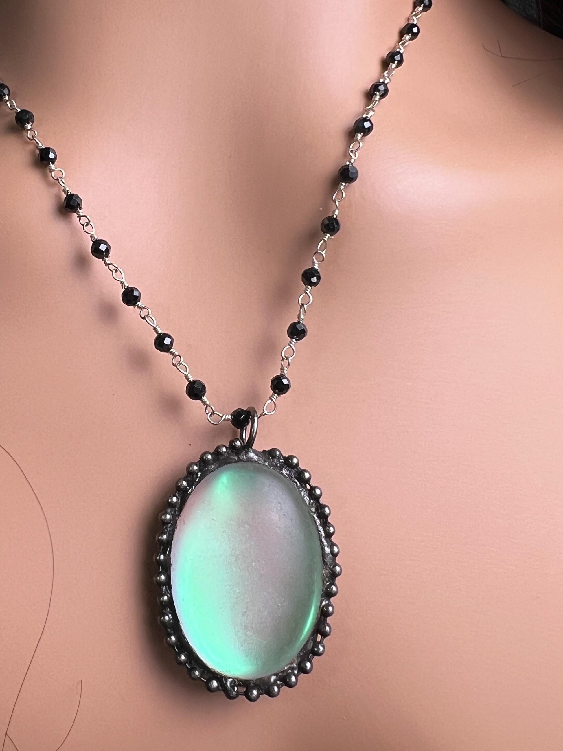 Aurora Opal glow Pendant with Black spinel silver vintage style Necklace. 25x38mm Aurora borealis pendant very beautiful gift