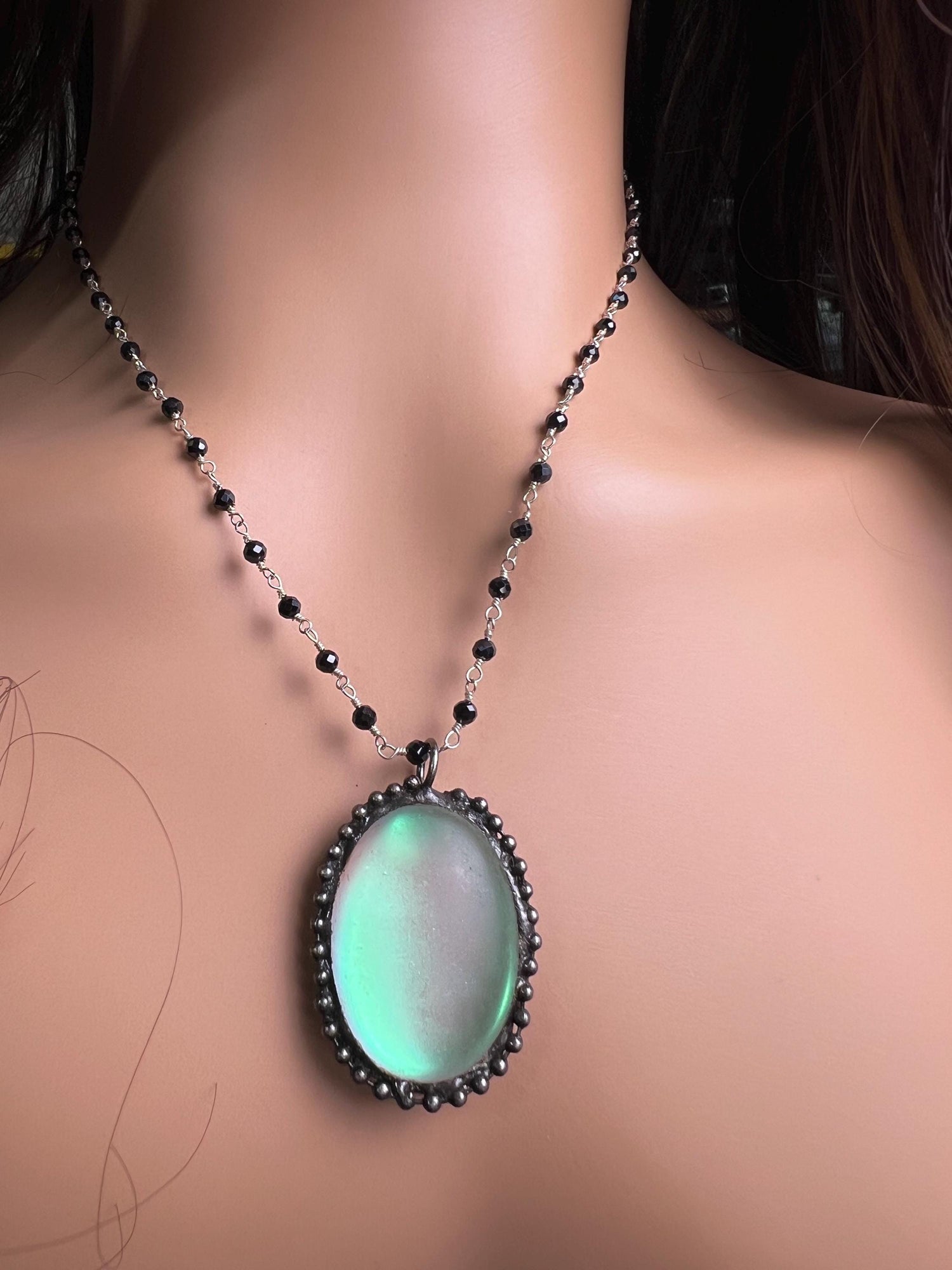 Aurora Opal glow Pendant with Black spinel silver vintage style Necklace. 25x38mm Aurora borealis pendant very beautiful gift