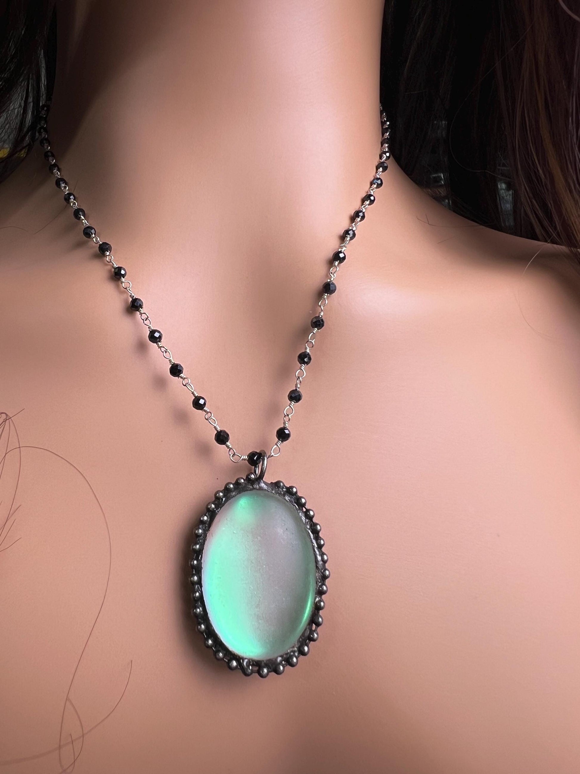 Aurora Opal glow Pendant with Black spinel silver vintage style Necklace. 25x38mm Aurora borealis pendant very beautiful gift