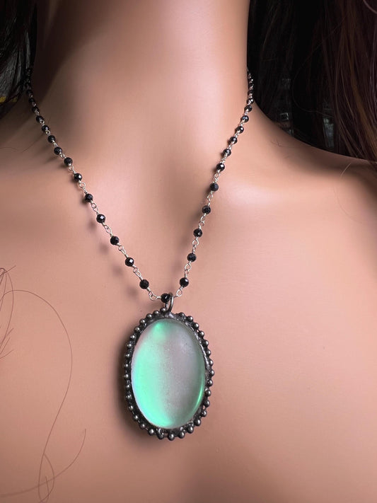 Aurora Opal glow Pendant with Black spinel silver vintage style Necklace. 25x38mm Aurora borealis pendant very beautiful gift