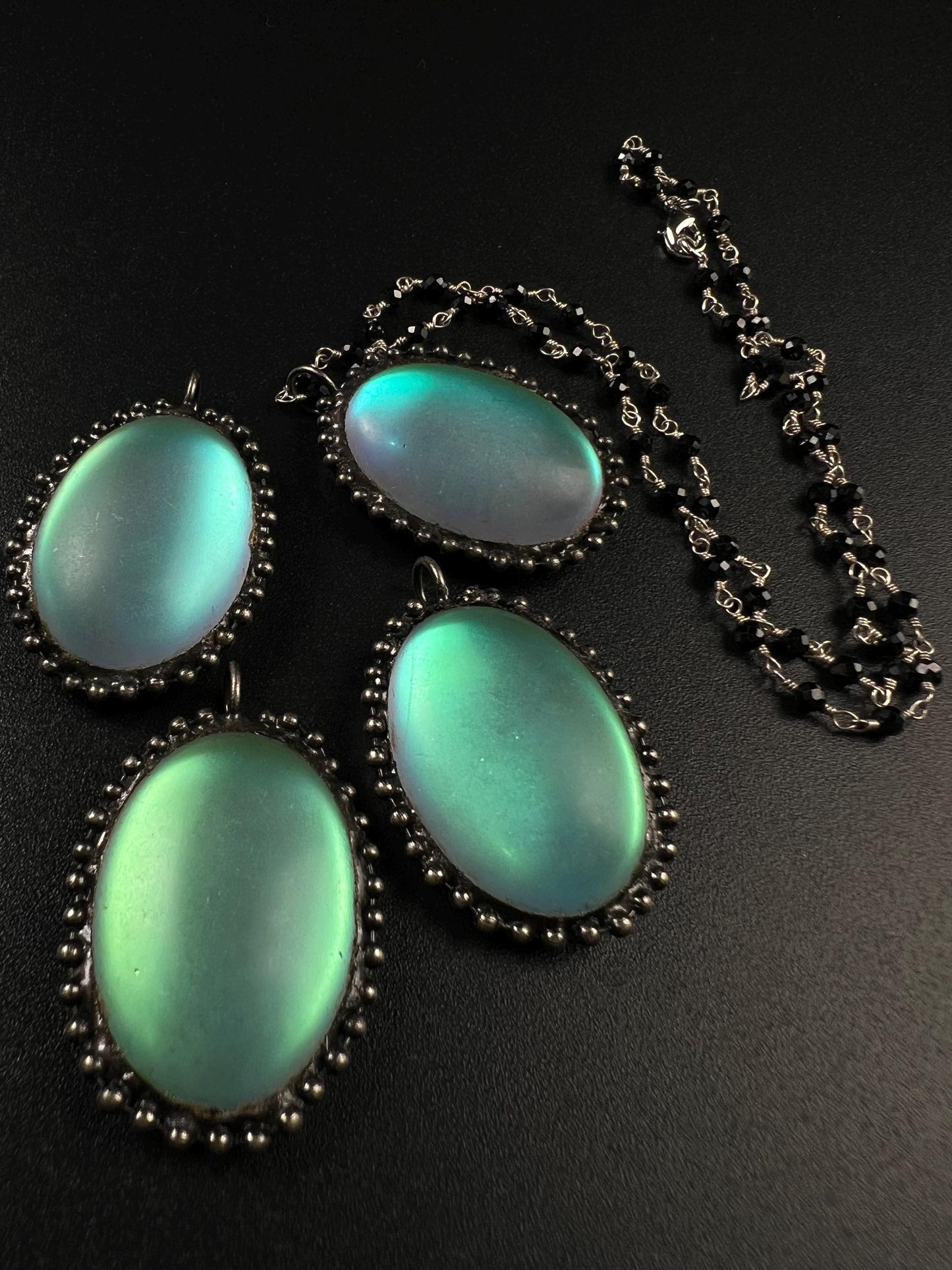 Aurora Opal glow Pendant with Black spinel silver vintage style Necklace. 25x38mm Aurora borealis pendant very beautiful gift