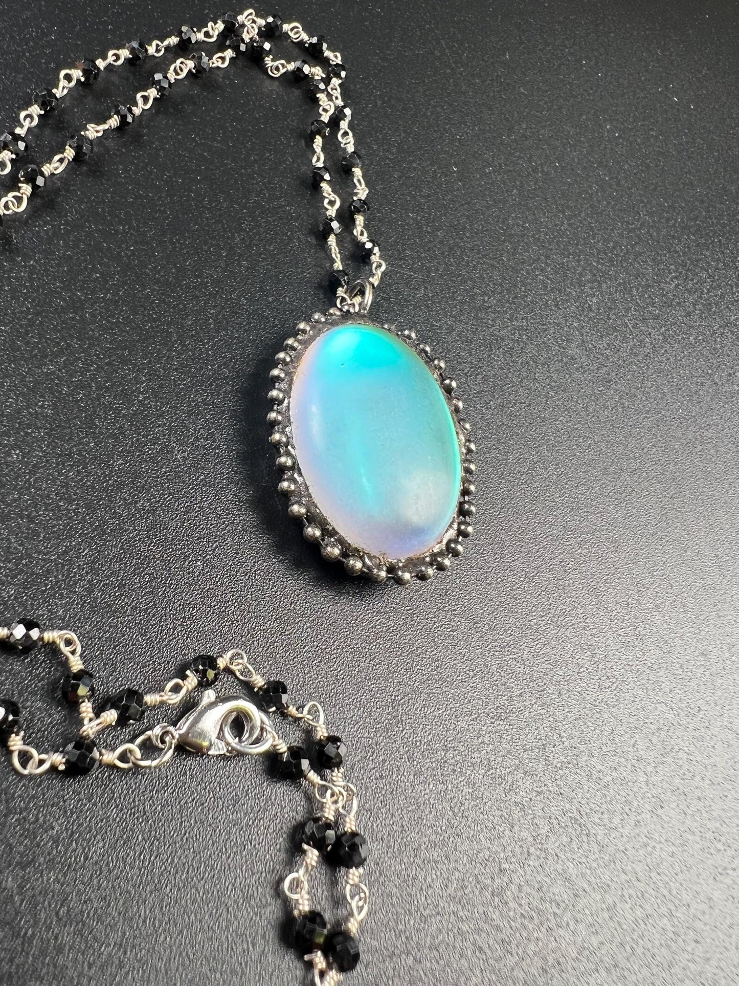 Aurora Opal glow Pendant with Black spinel silver vintage style Necklace. 25x38mm Aurora borealis pendant very beautiful gift