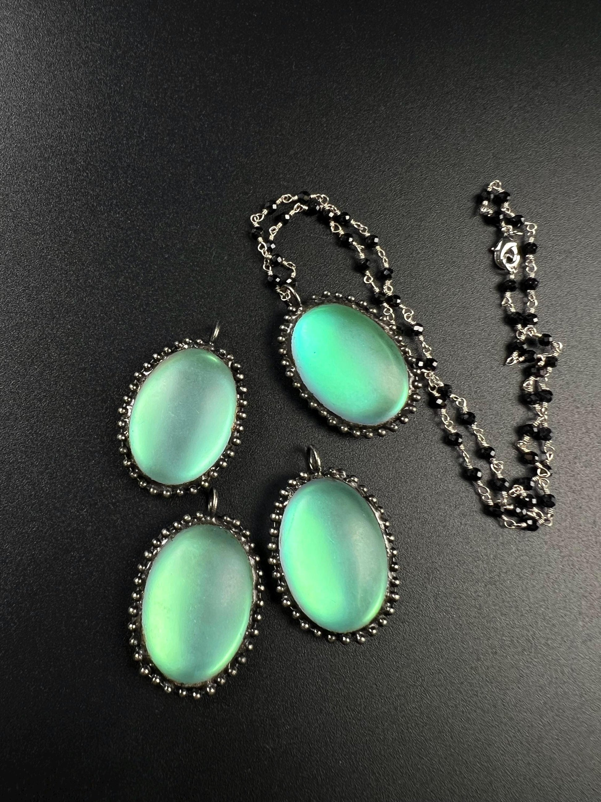 Aurora Opal glow Pendant with Black spinel silver vintage style Necklace. 25x38mm Aurora borealis pendant very beautiful gift