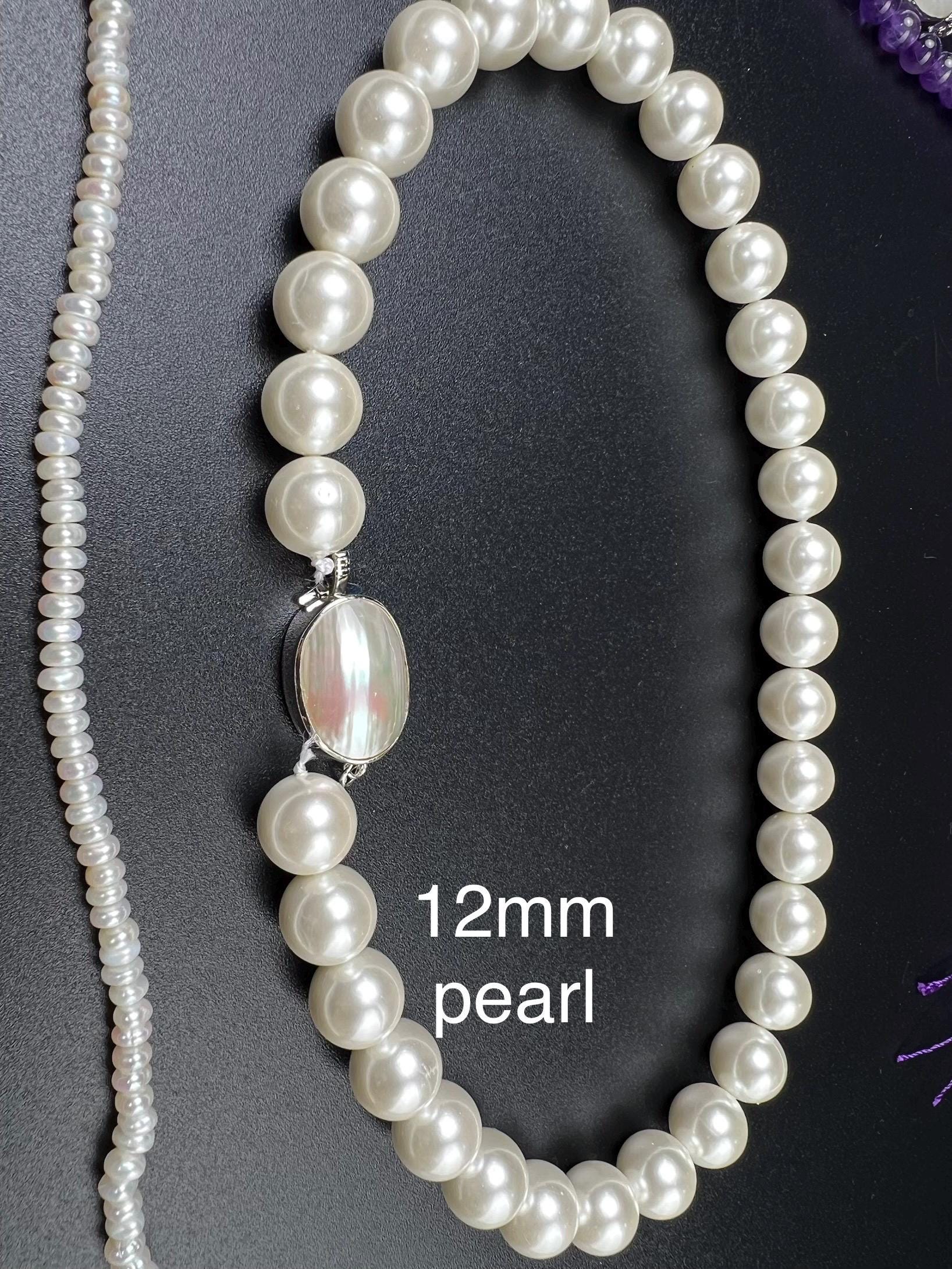 White Mother of Pearl Oval large vintage hand curved push in open Fancy Rhodium Sterling silver clasp.