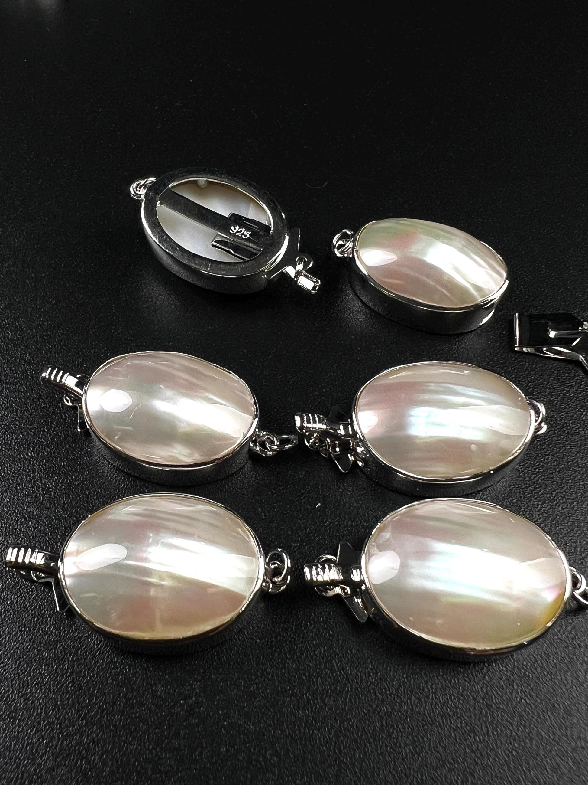 White Mother of Pearl Oval large vintage hand curved push in open Fancy Rhodium Sterling silver clasp.
