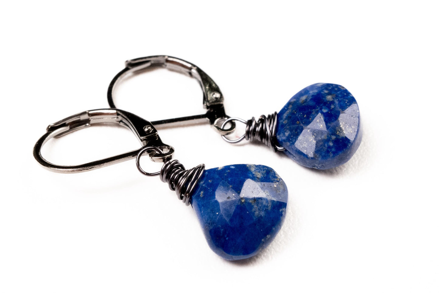 Lapis heart jewelry set. Afghanistan Lapis dark blue Oxidized silver Faceted rosary Chain, 10mm lapis heart pendant and earrings set