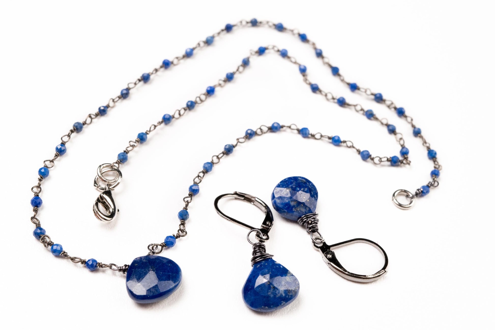 Lapis heart jewelry set. Afghanistan Lapis dark blue Oxidized silver Faceted rosary Chain, 10mm lapis heart pendant and earrings set