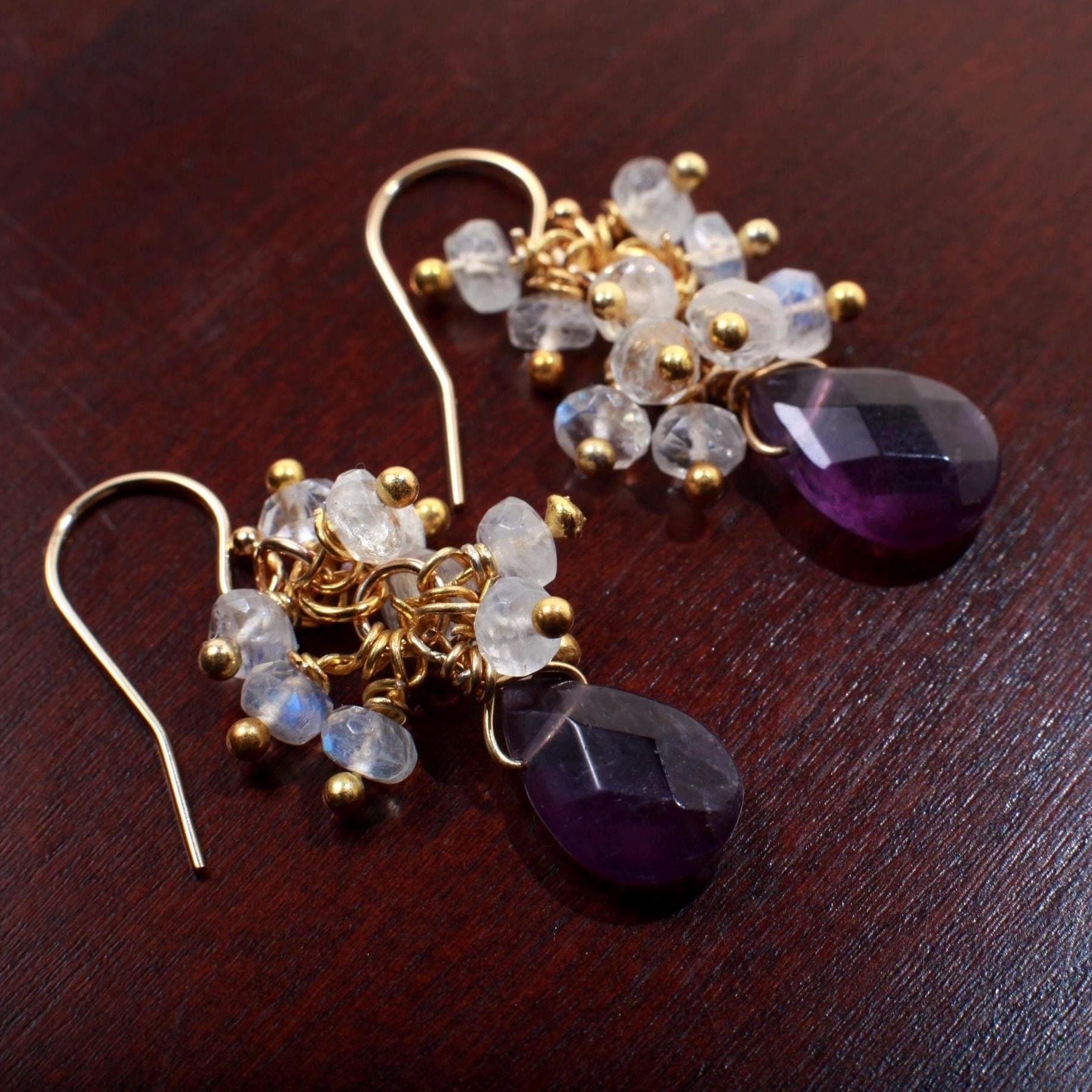 Moonstone Cluster Earrings with Amethyst Drop, 14K Gold Filled