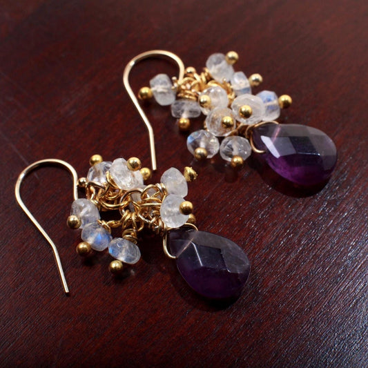 Moonstone Cluster Earrings with Amethyst Drop, 14K Gold Filled