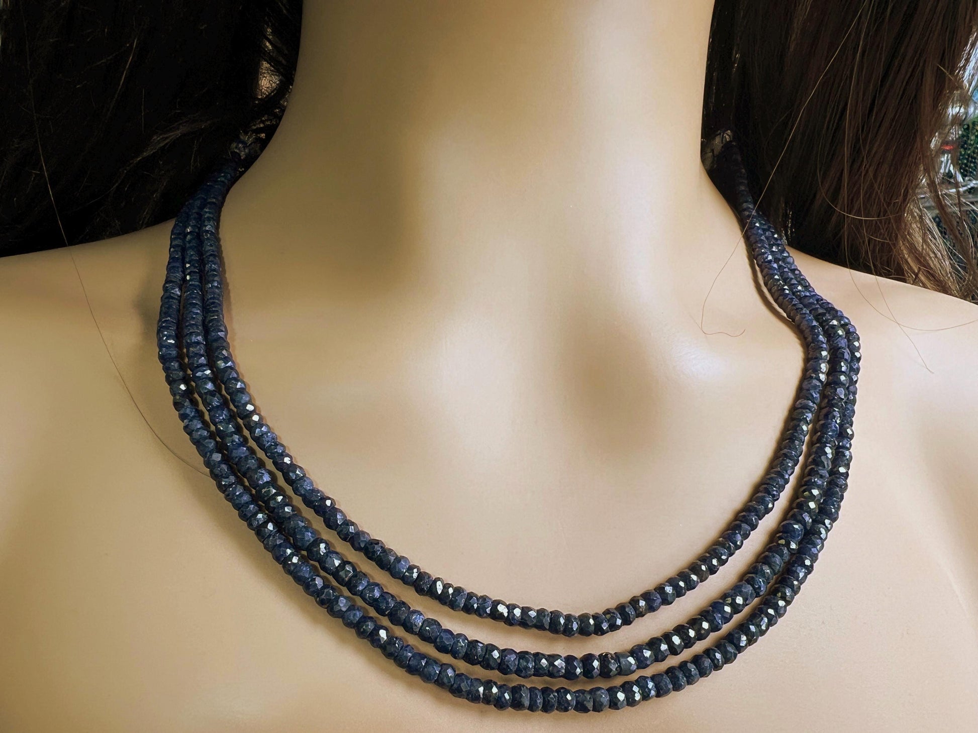 Natural Blue Sapphire Faceted Roundel 4-4.5mm Adjustable Blue Sapphire Gemstone Statement Necklace 16.5" plus 8” extender thread