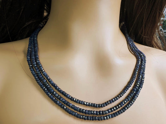 Natural Blue Sapphire Faceted Roundel 4-4.5mm 3 line 2 line Adjustable Blue Sapphire Gemstone Statement Necklace 16.5" plus 8” ext thread