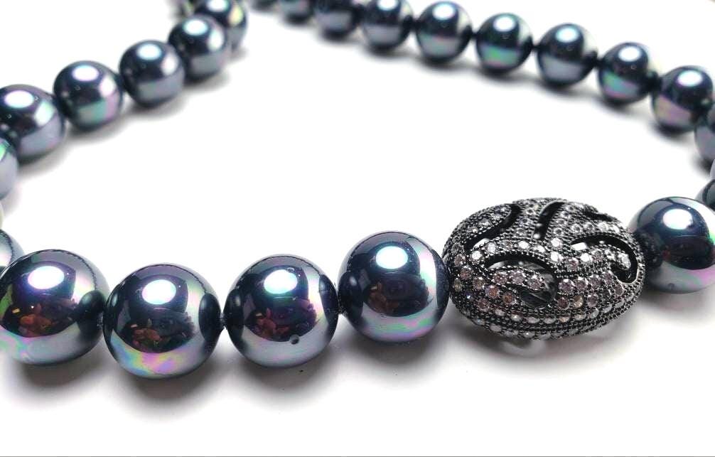 14mm South Sea shell pearl large Rainbow Peacock black AB with CZ diamond 20x27mm large pave charm ,magnetic clasp Statement necklace, Gift