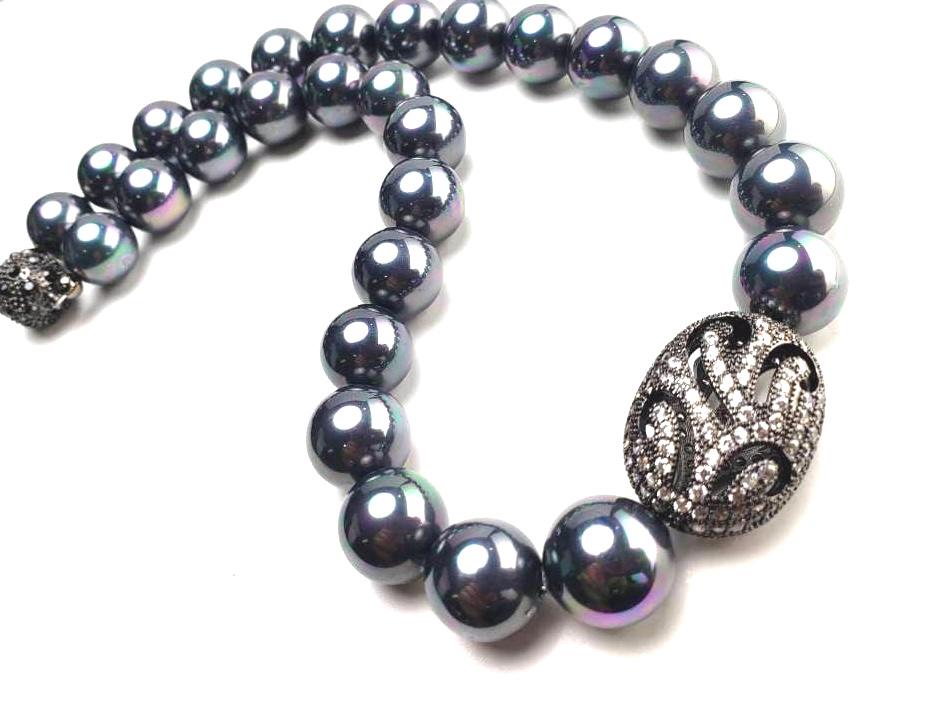 14mm South Sea shell pearl large Rainbow Peacock black AB with CZ diamond 20x27mm large pave charm ,magnetic clasp Statement necklace, Gift